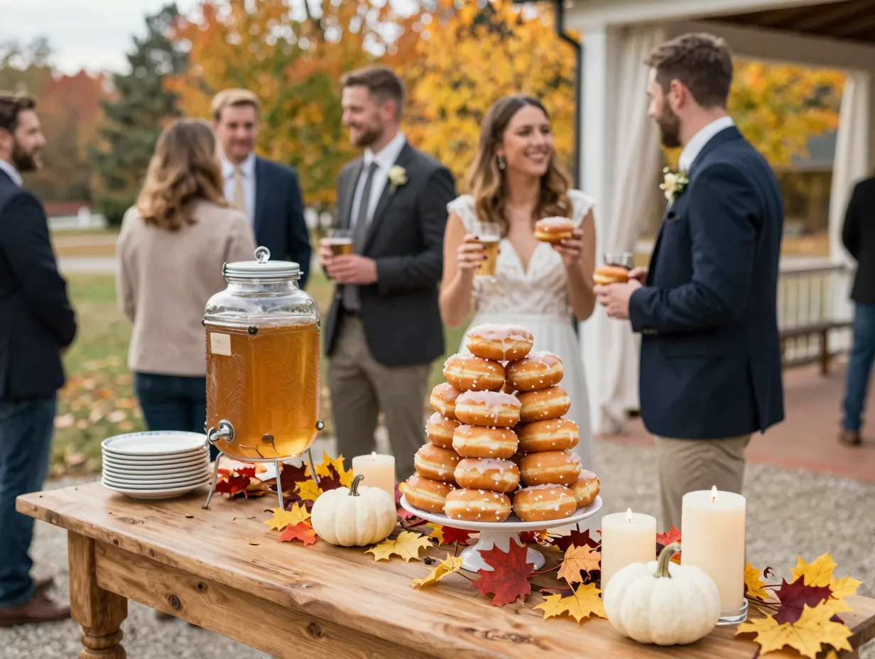 Guest cider doughnut welcome station with autumn foliage backdrop
