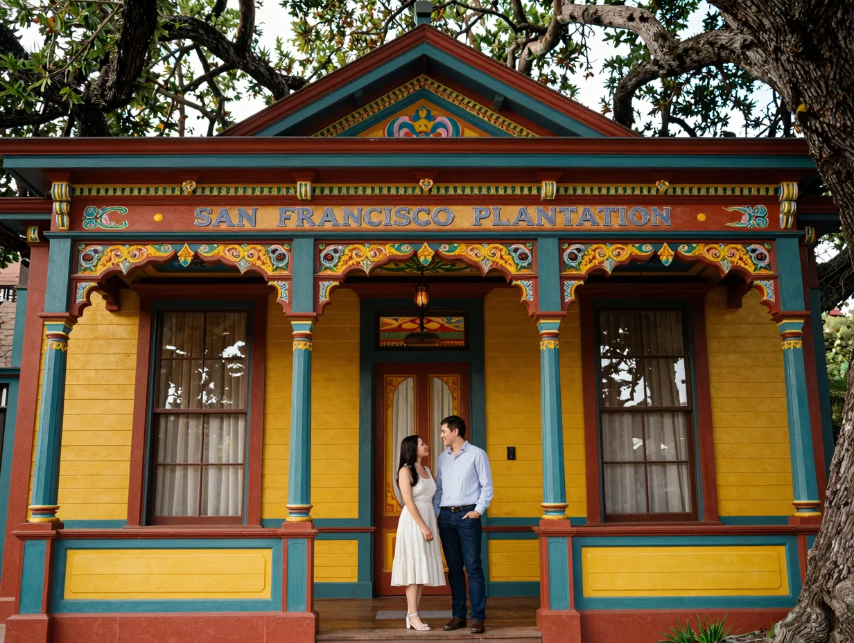 San francisco plantation vibrant facade hand painted ceiling century oaks engagement couple