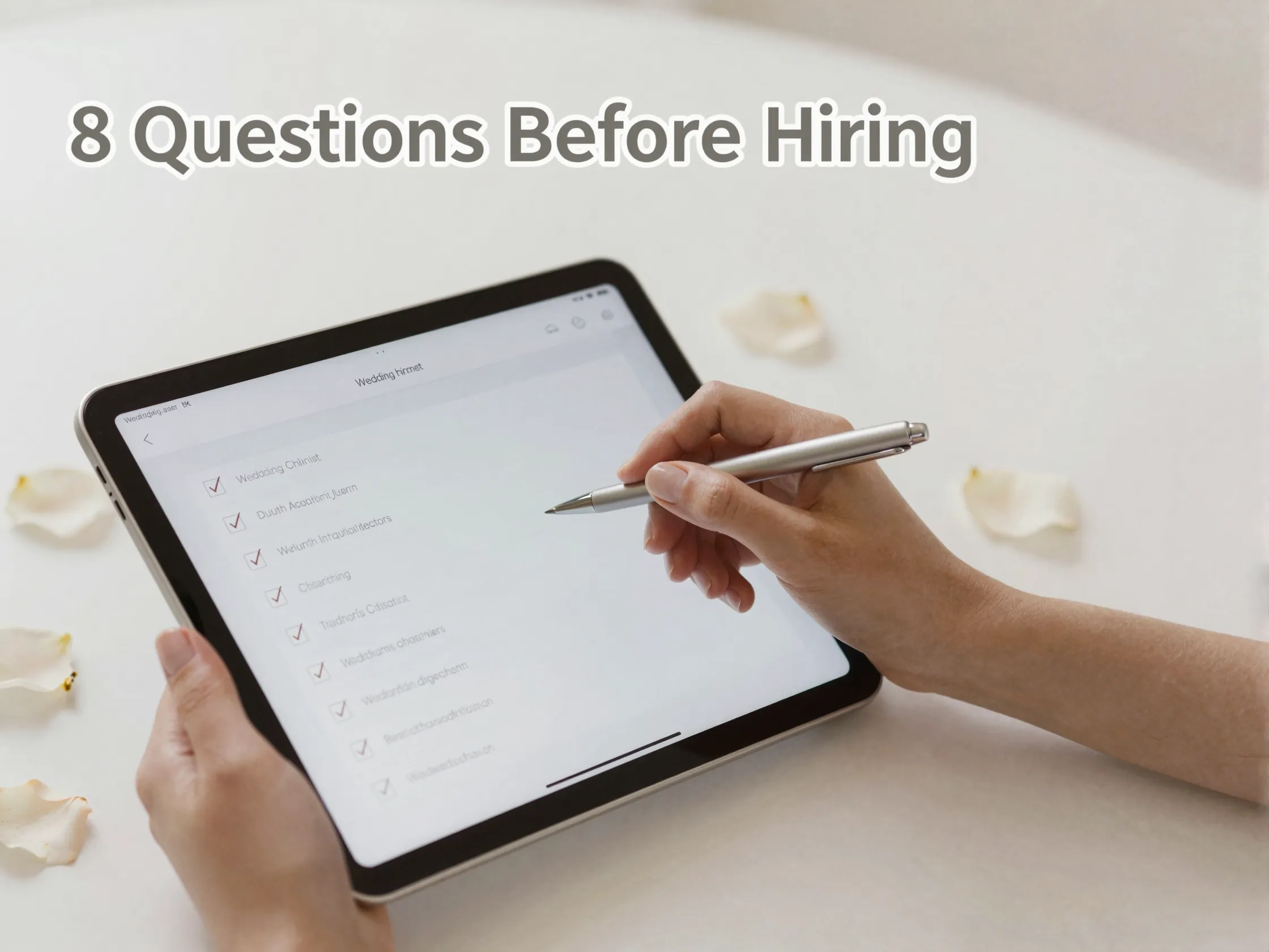 Bride using tablet wedding checklist eight key planning questions