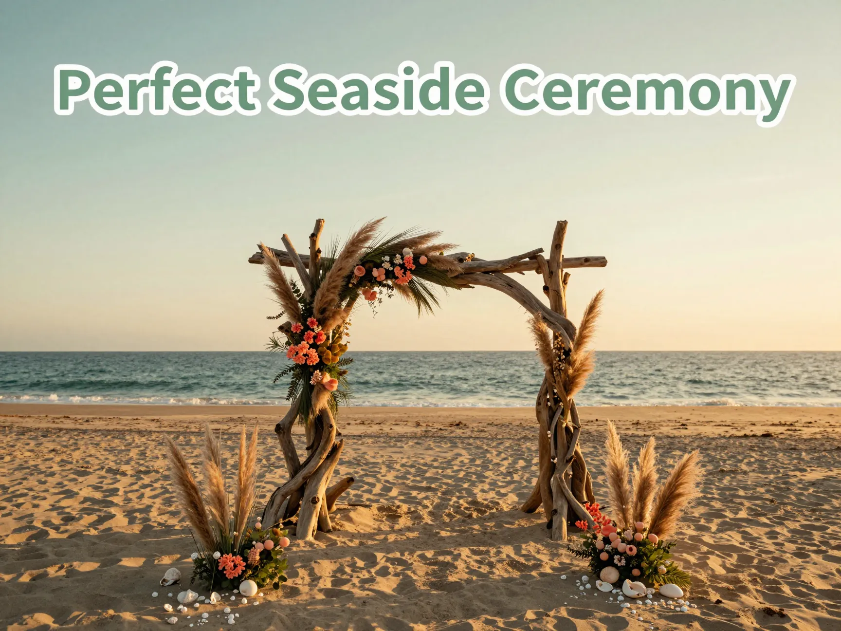 Driftwood arch pampas grass coral blooms empty beach sunset