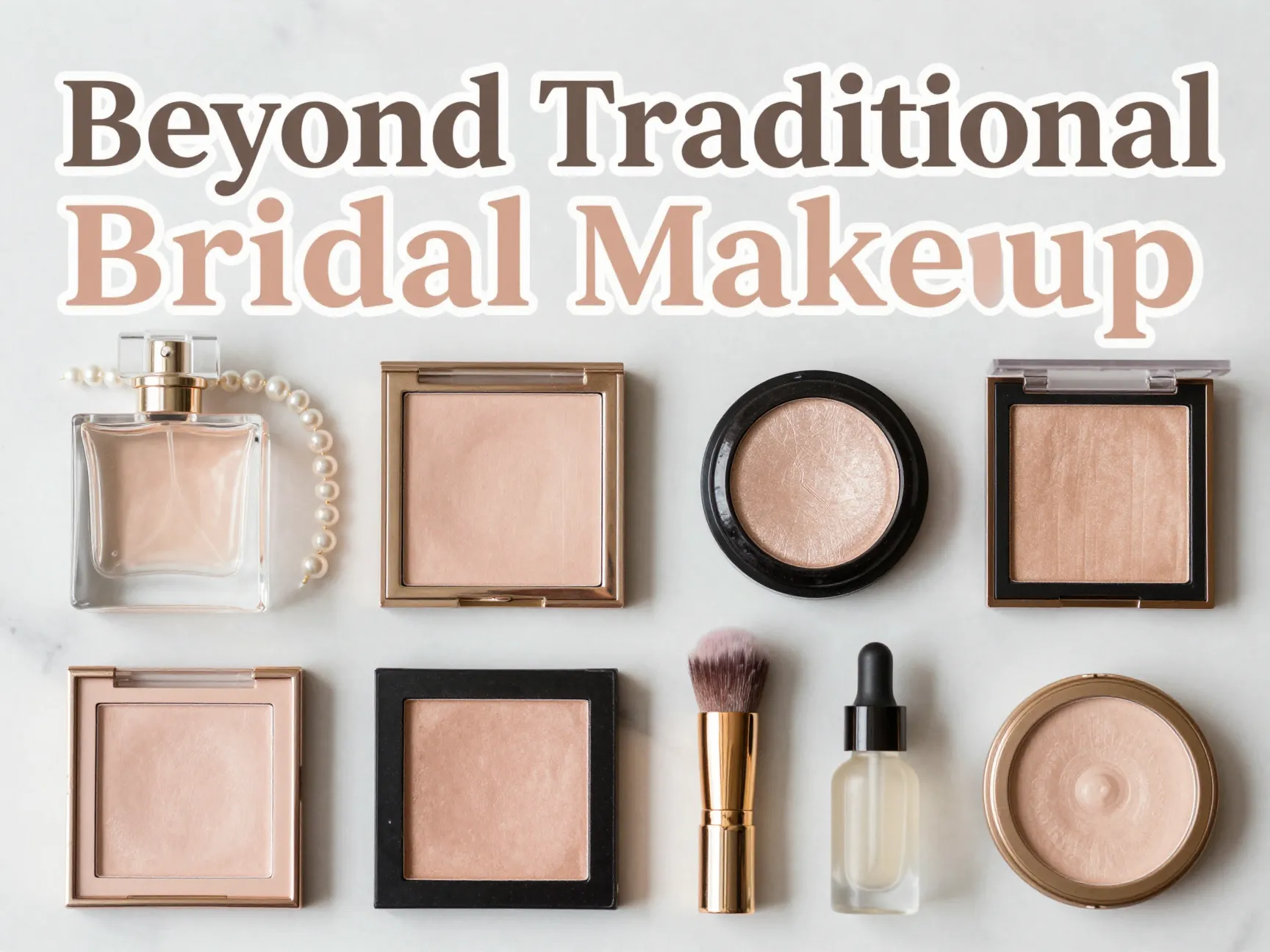 Eight modern bridal makeup items flat lay collage pastel metallic