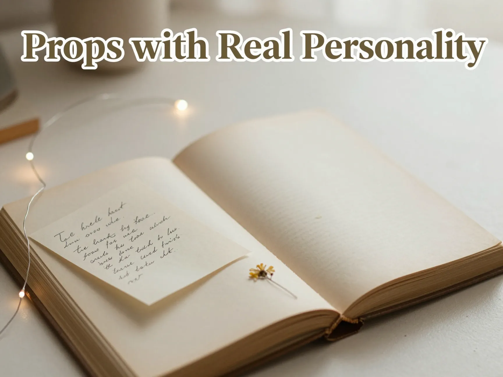 Vintage book wildflower note fairy lights cozy photoshoot props