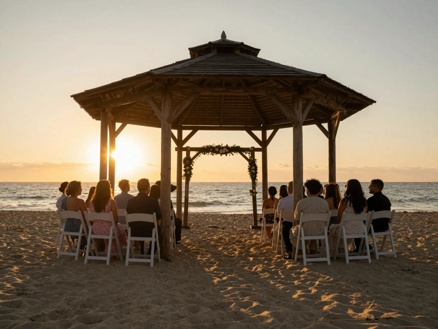 Golden hour beach wedding ceremony arch at sunset