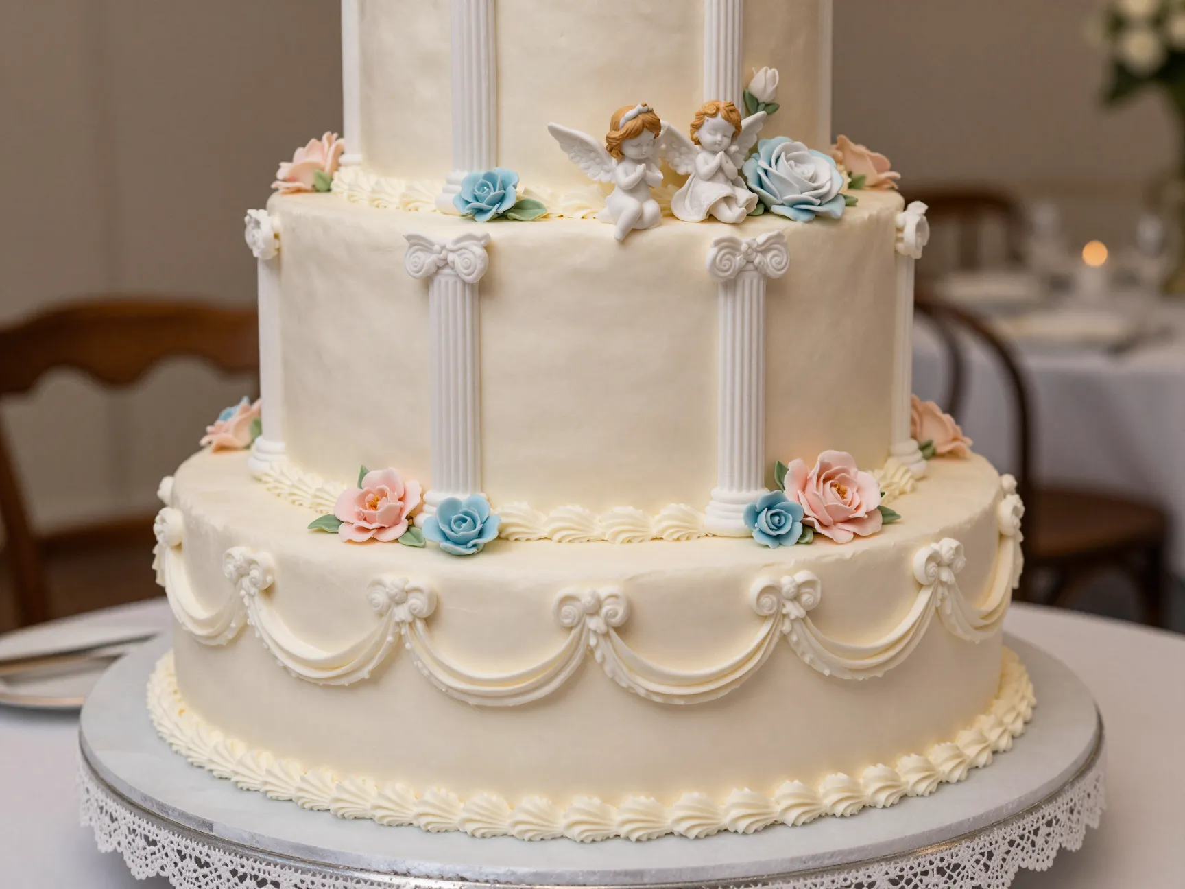 Lavish neoclassical wedding cake with vintage figurines and scrollwork
