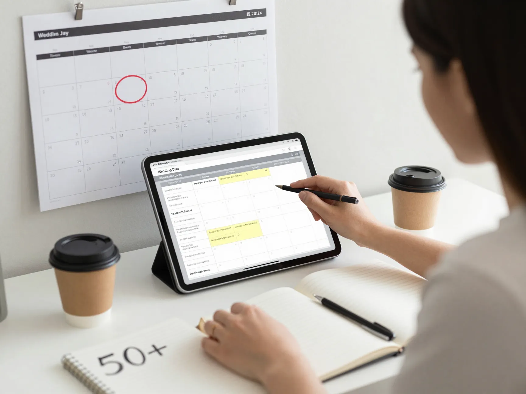 Planner checking digital calendar and event board on wedding date