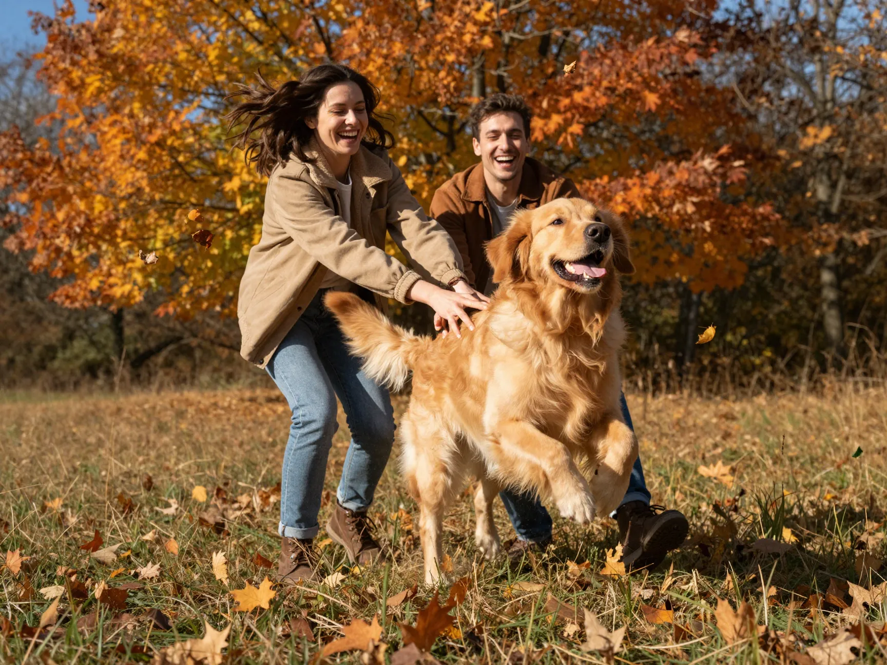 Couple playing with golden retriever in autumn field