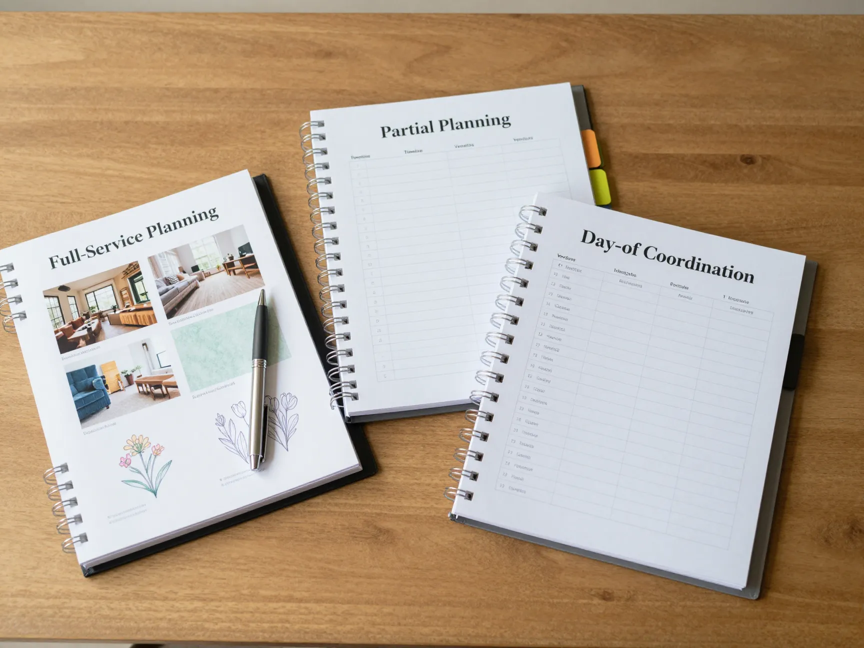 Three distinct service types as labeled wedding planning binders