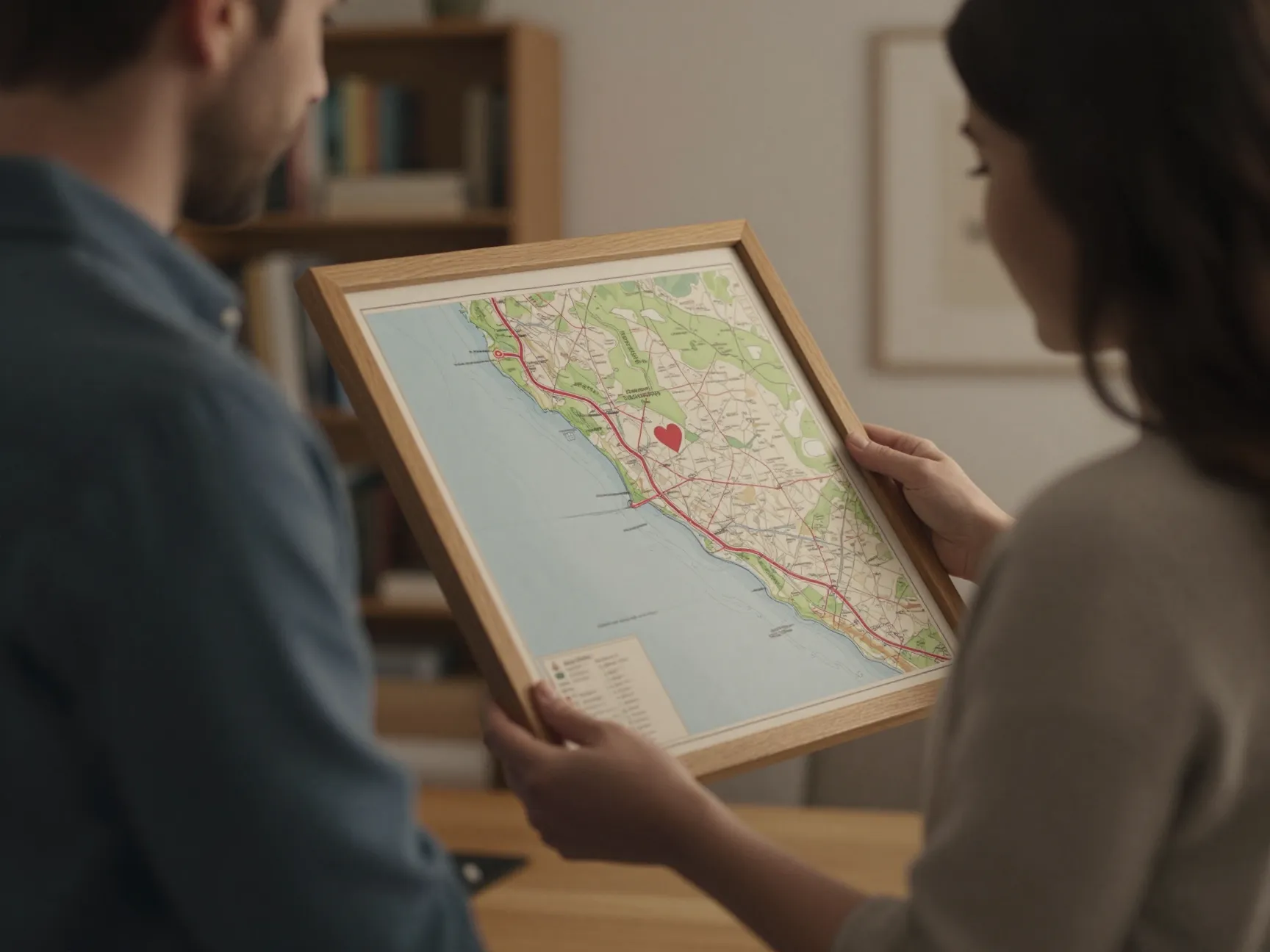 Couple holding custom illustrated map in cozy home