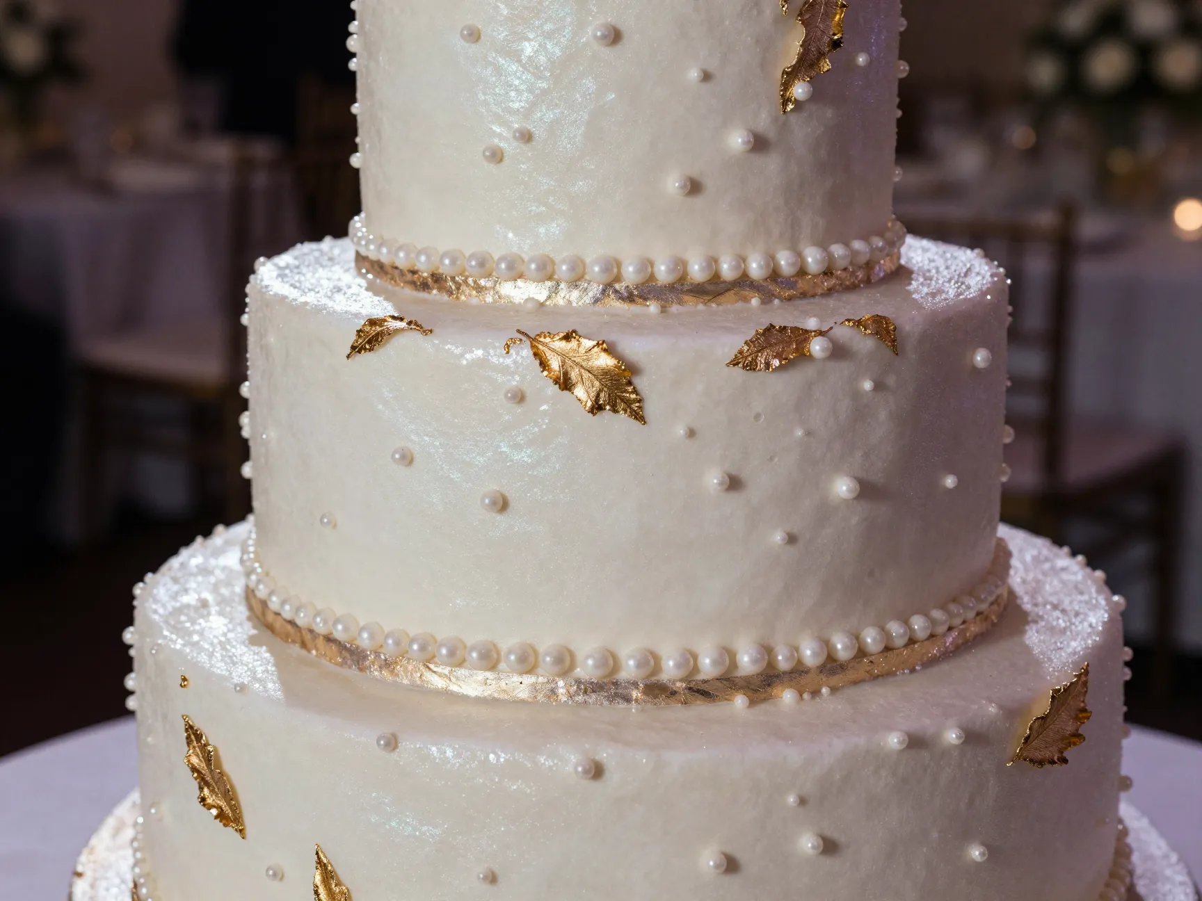 Glamorous pearlescent wedding cake with edible pearls and metallic leaf