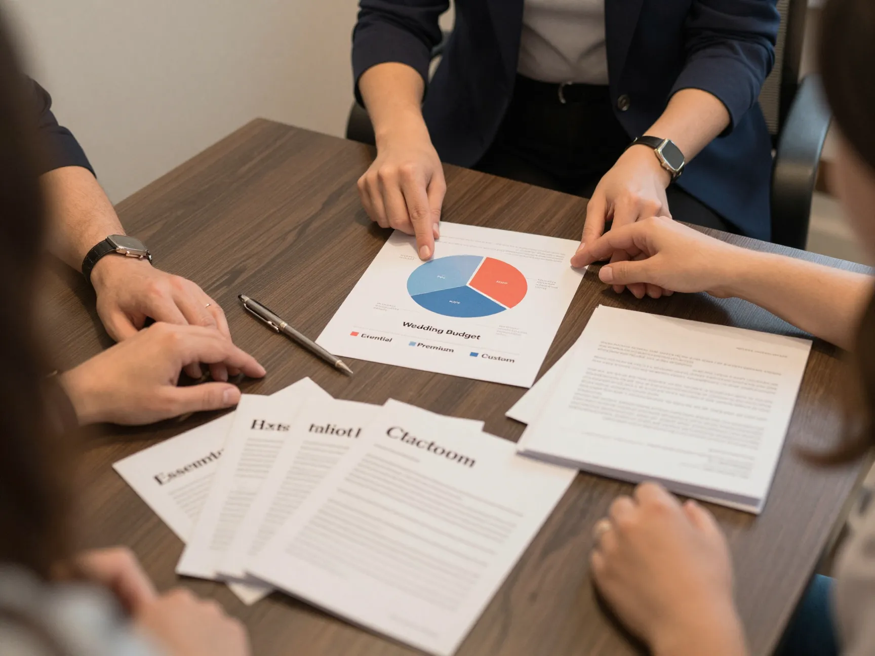 Transparent budget discussion with pie chart and package brochures