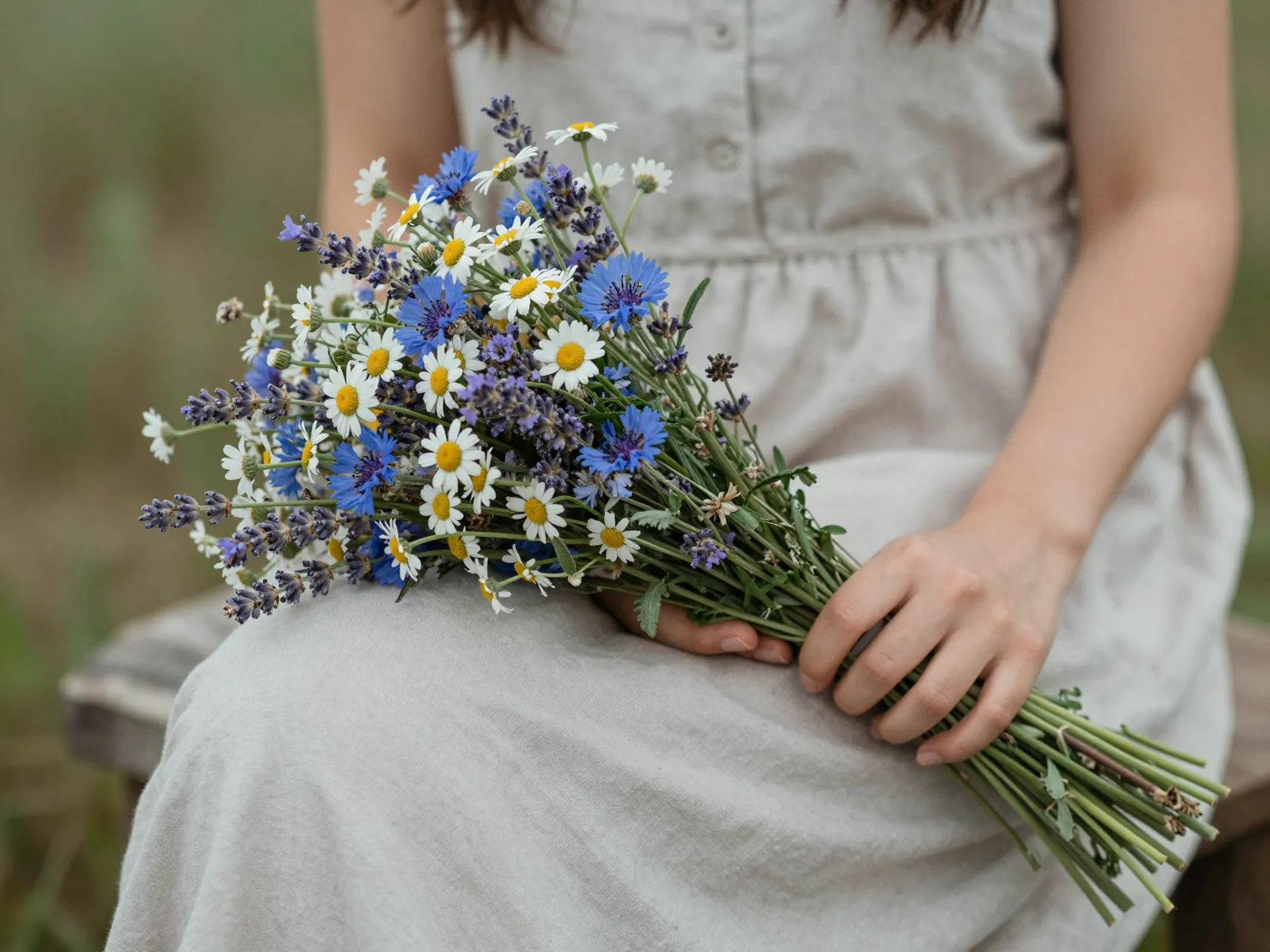 Woman holding hand tied wildflower bouquet rustic setting