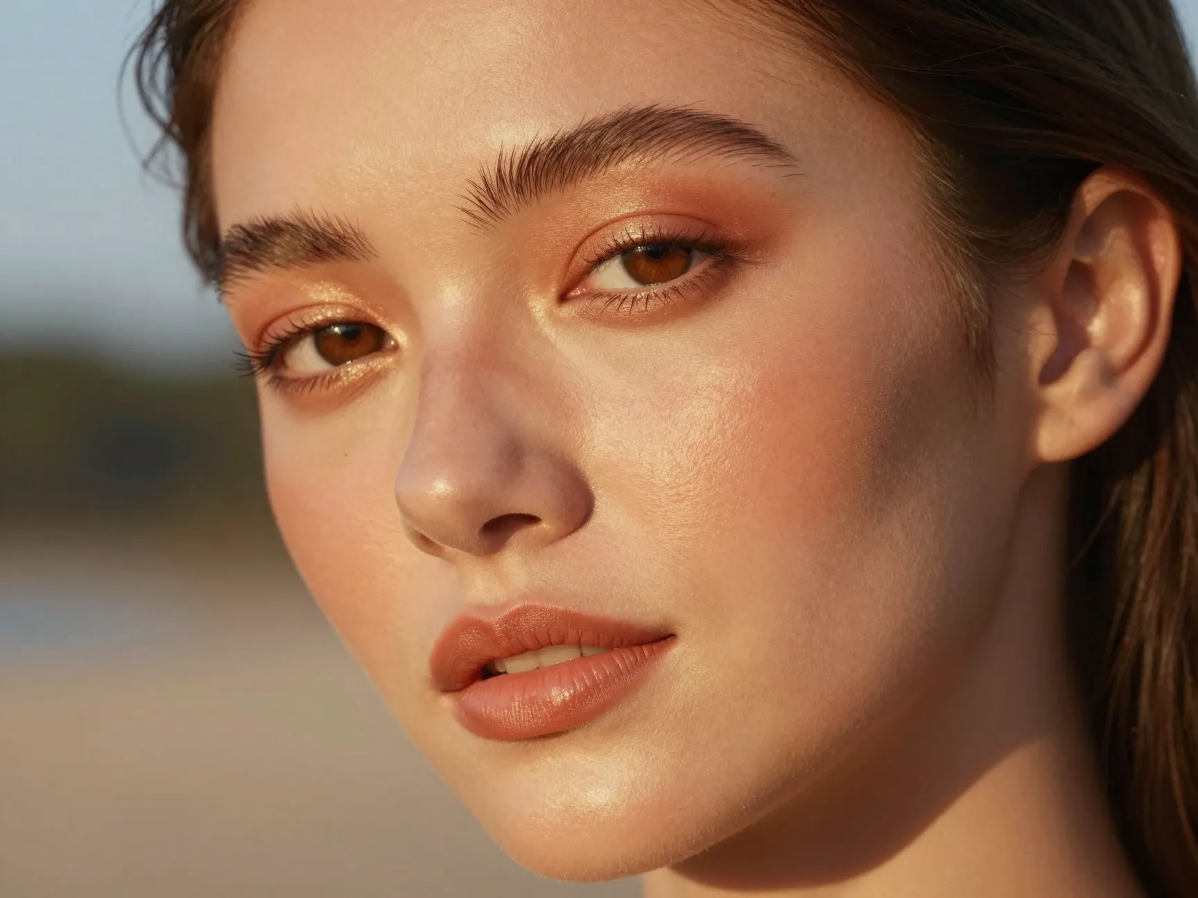 Bronzed bride with terracotta eyeshadow nude peach lip glow