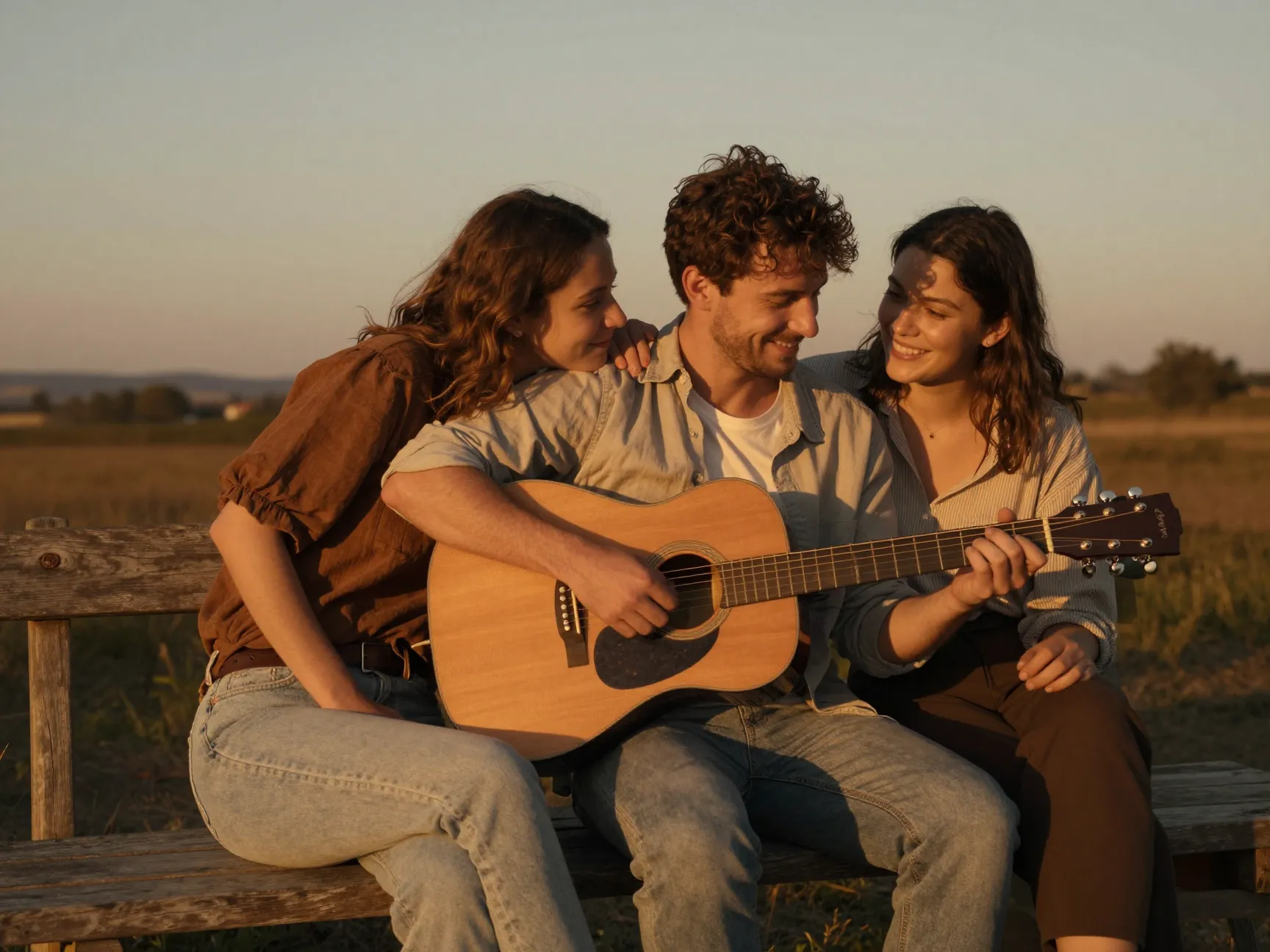 Couple sharing moment with guitar at golden hour