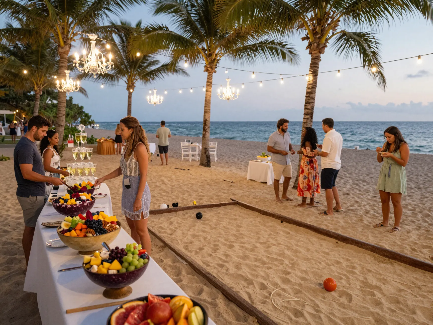 Interactive beach wedding reception with food stations