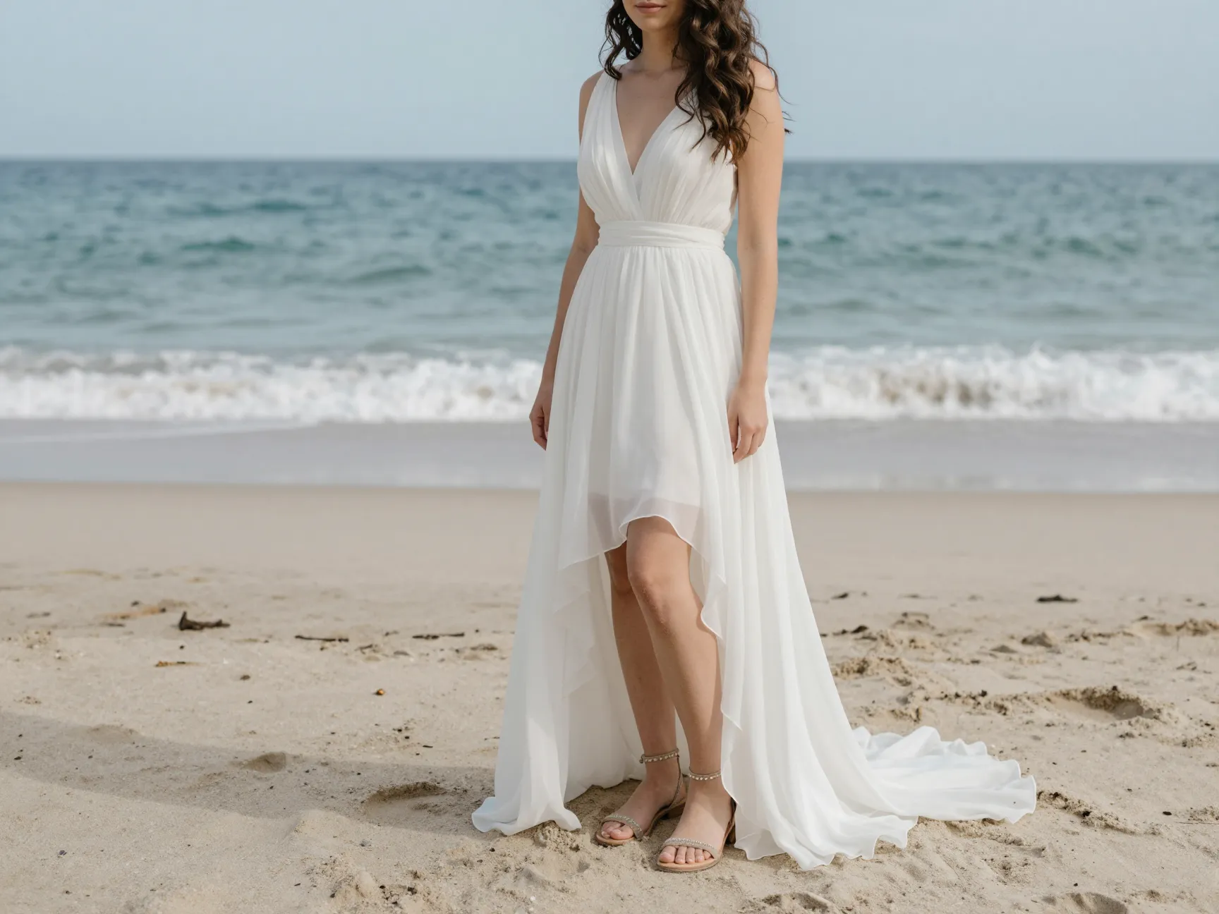 Bride in chiffon beach wedding dress barefoot sandals