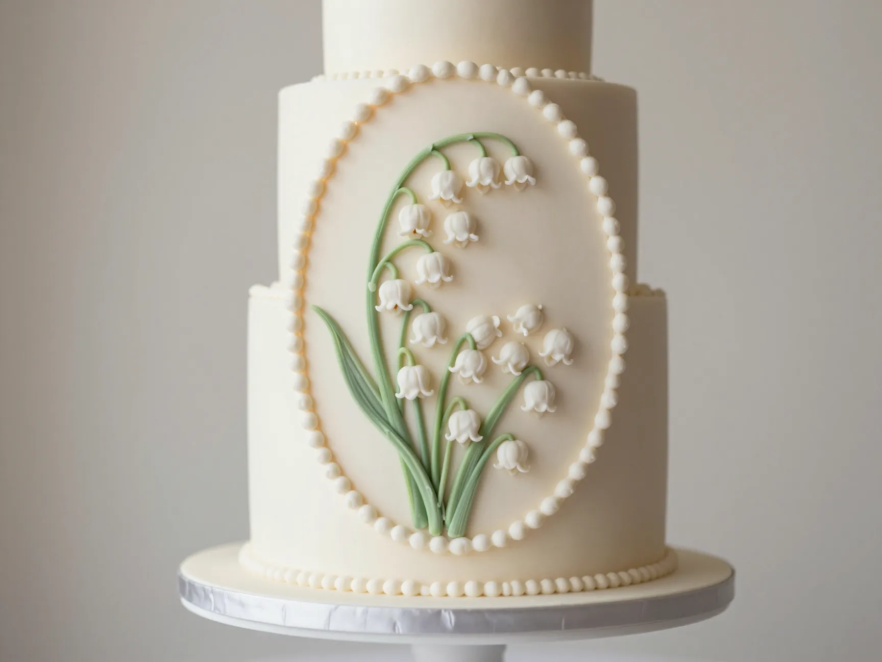 Elegant oval shaped cameo cake with lily of the valley design