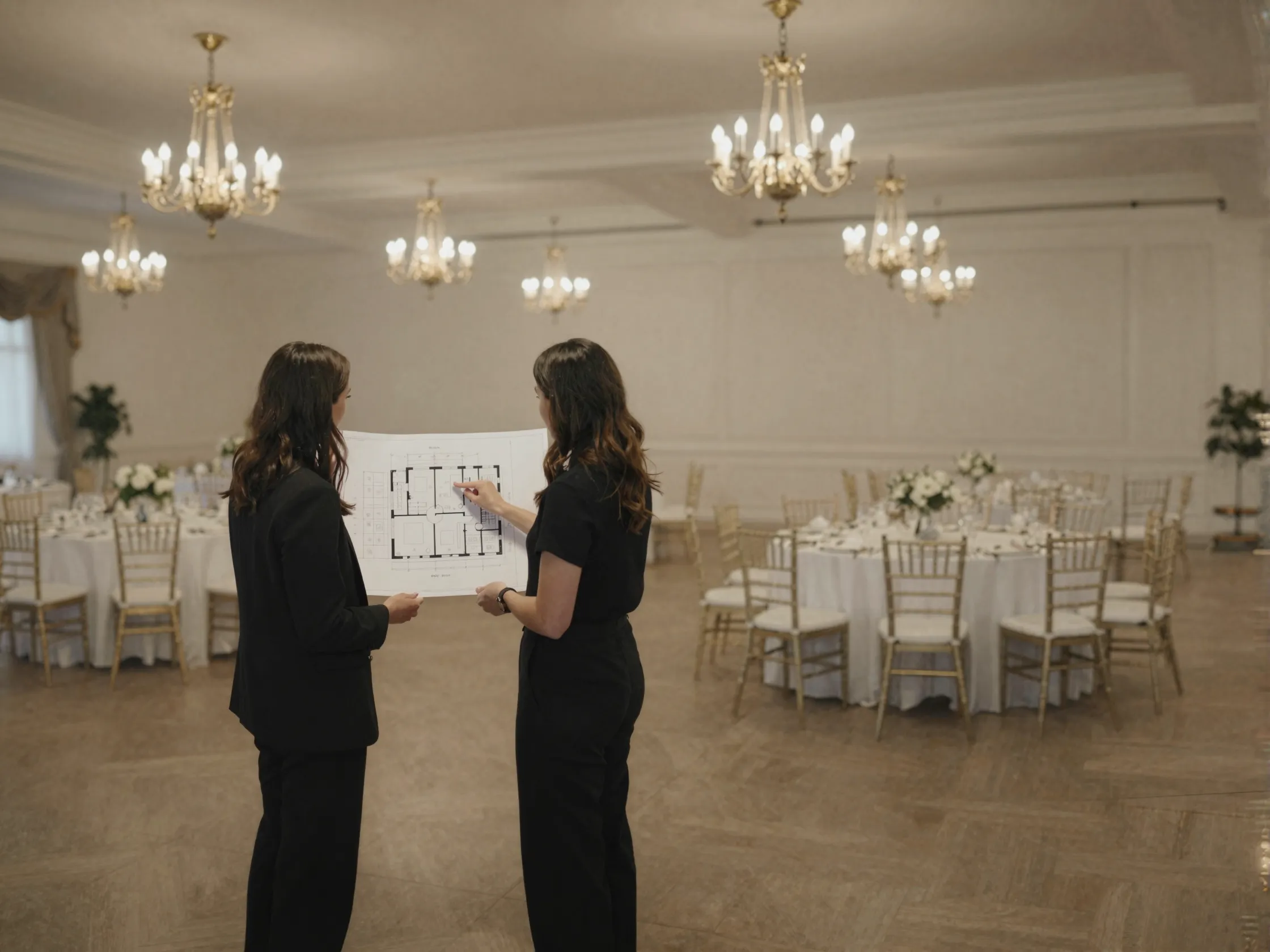 Planner and venue coordinator reviewing blueprints in ballroom