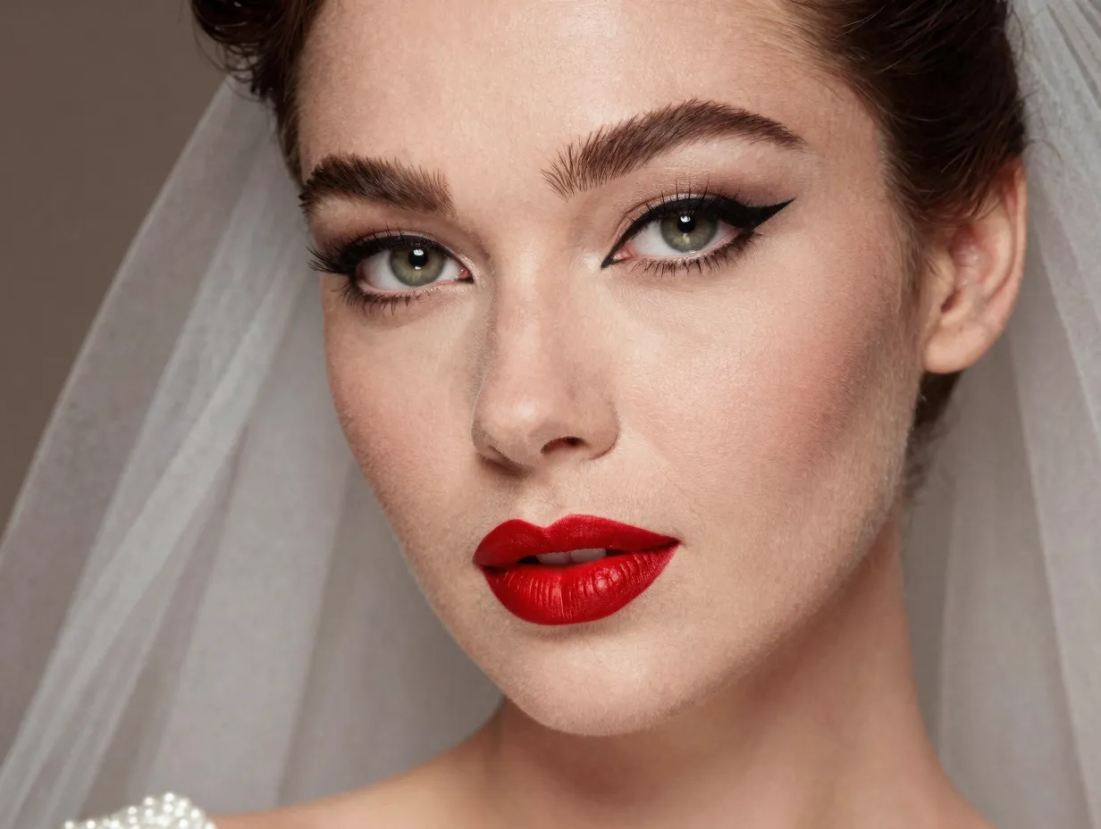 Vintage bride with bold red lip cat eye liner satin skin