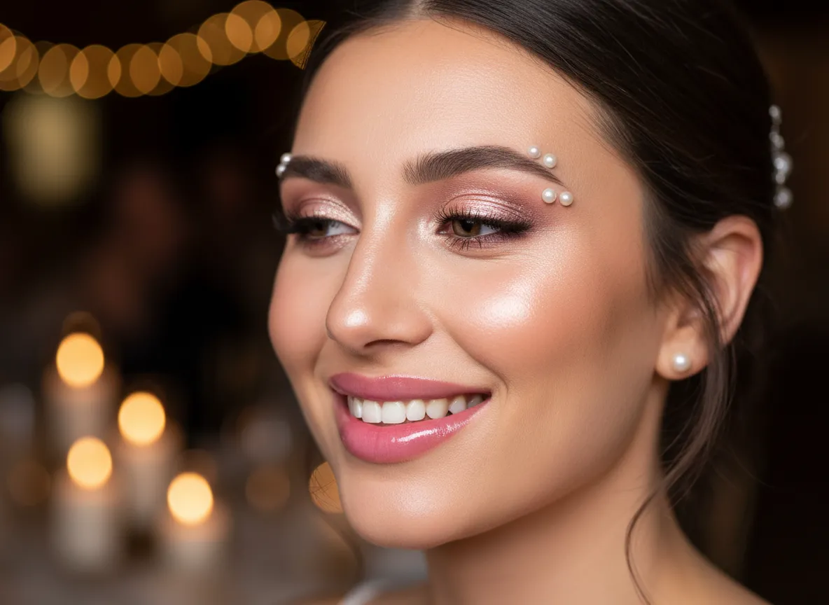 Bride with iridescent eyeshadow glossy pink lip pearl accents