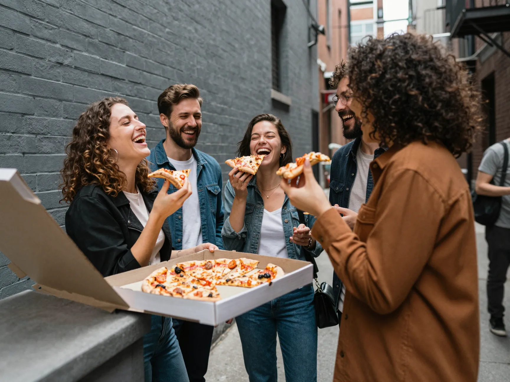 Couple laughing over pizza slices in urban alley