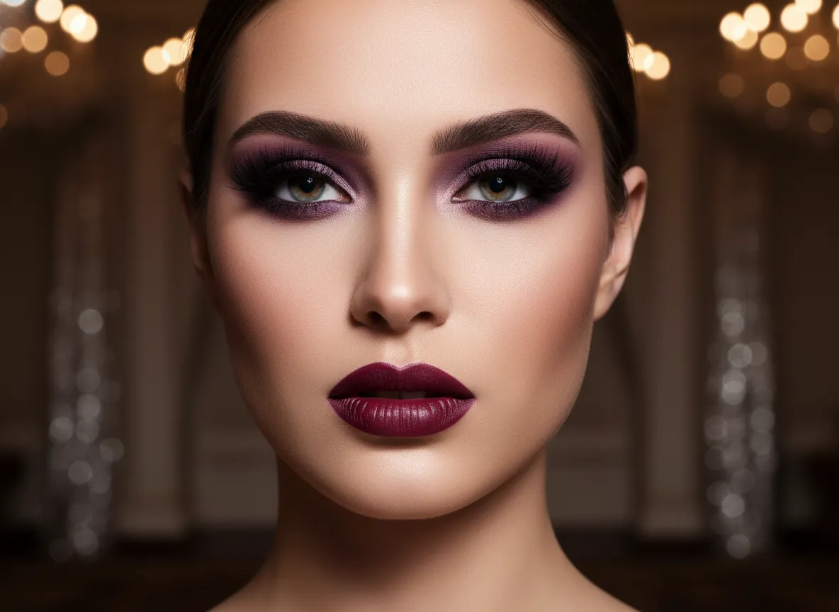 Bride with smoky plum eyeshadow bold lip voluminous faux lashes