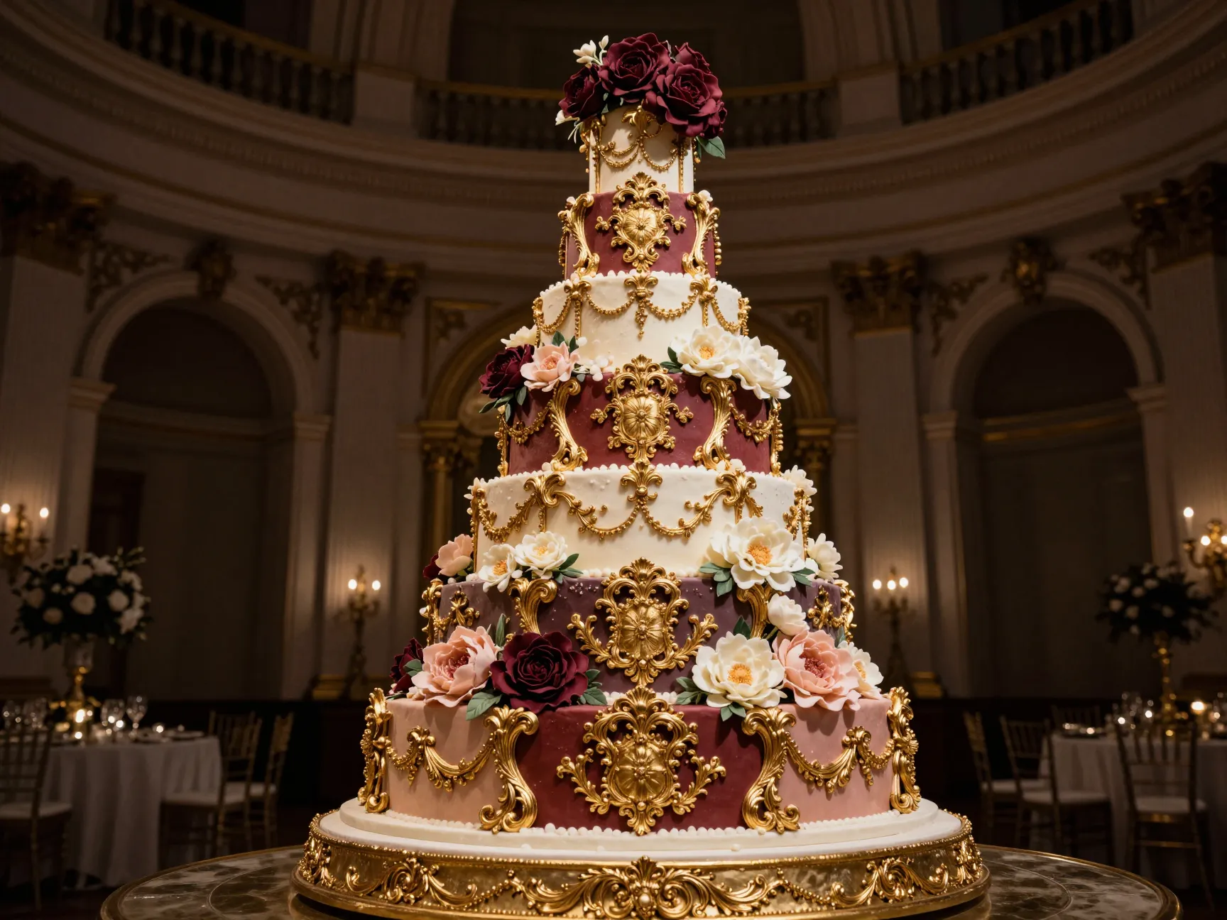 Dramatic color blocked floral baroque cake with gilded ornamentation