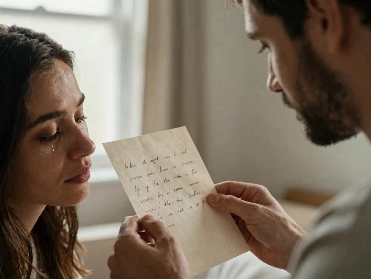 Man reading handwritten note to emotional woman