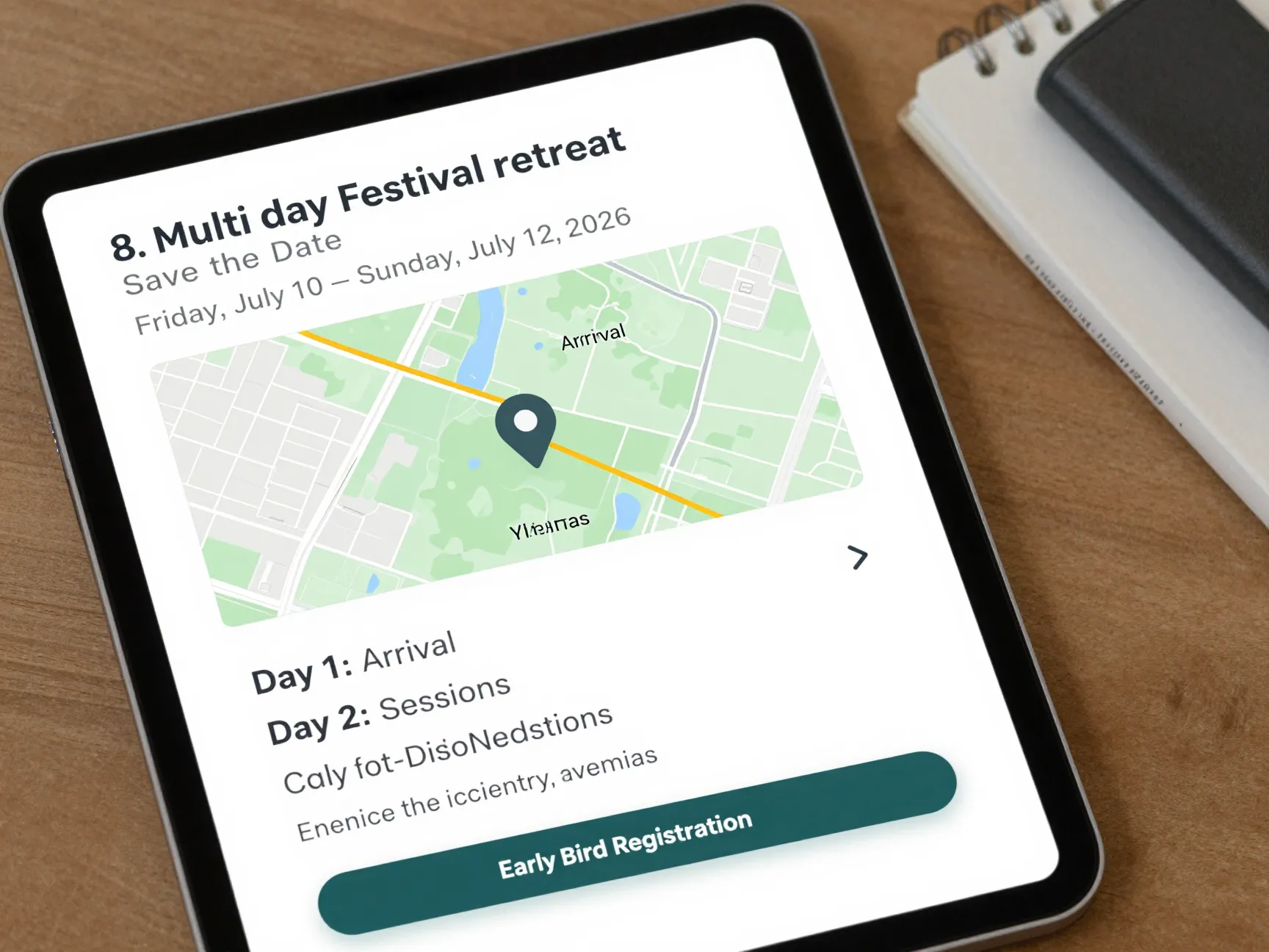 Multi day festival retreat email itinerary preview map link