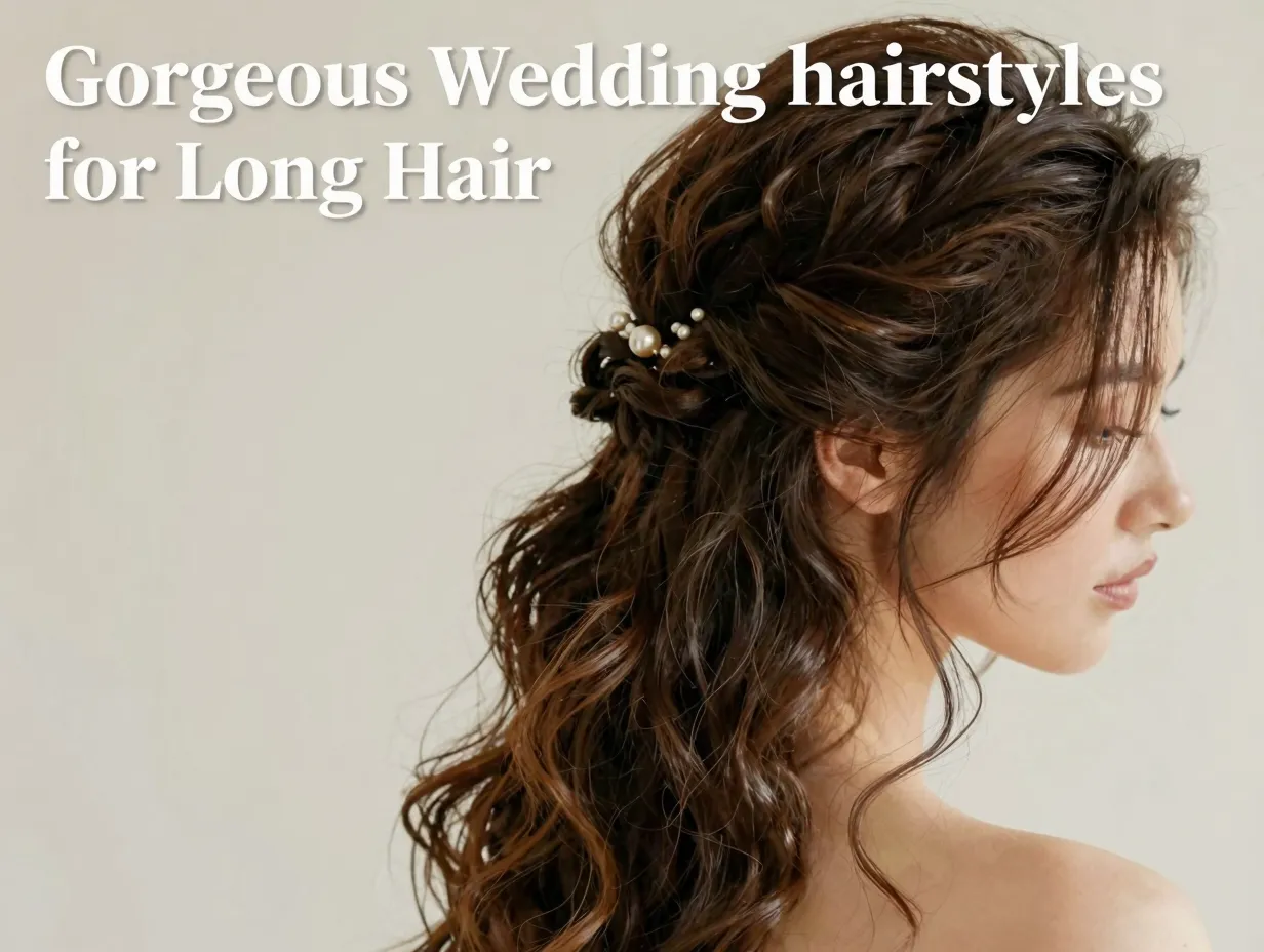 Bridal hair updo with cascading waves and pearl accessory close up