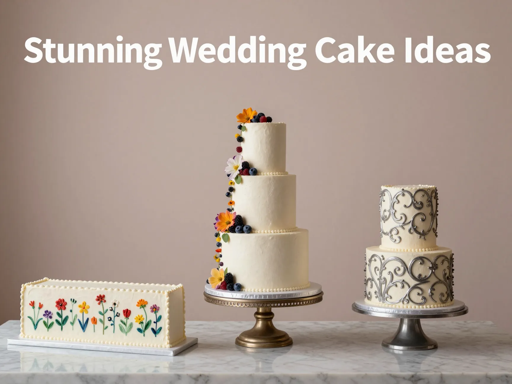 Cone single tier sheet cakes botanicals metallic trends styled