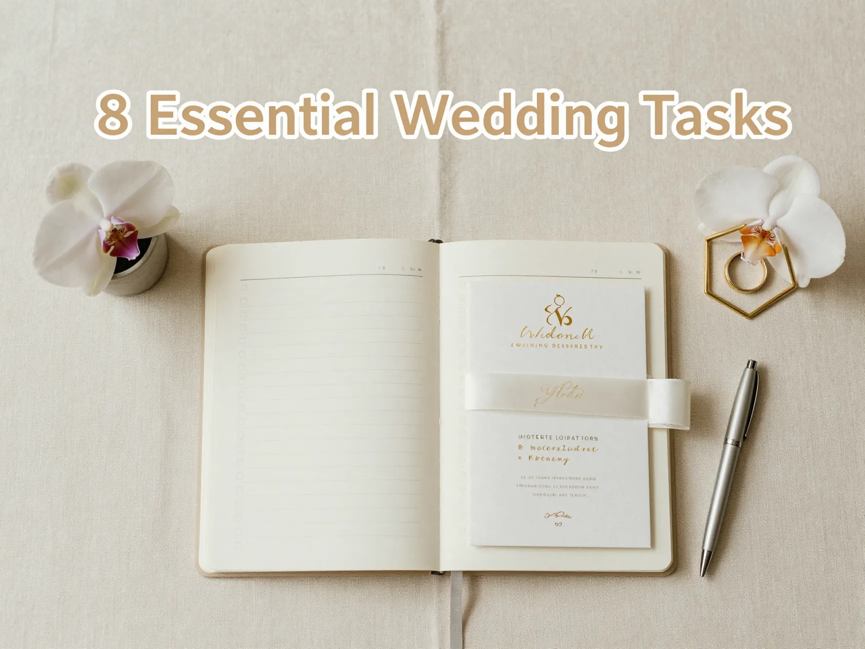 Wedding planner checklist book invitation pen orchid ring desk setup