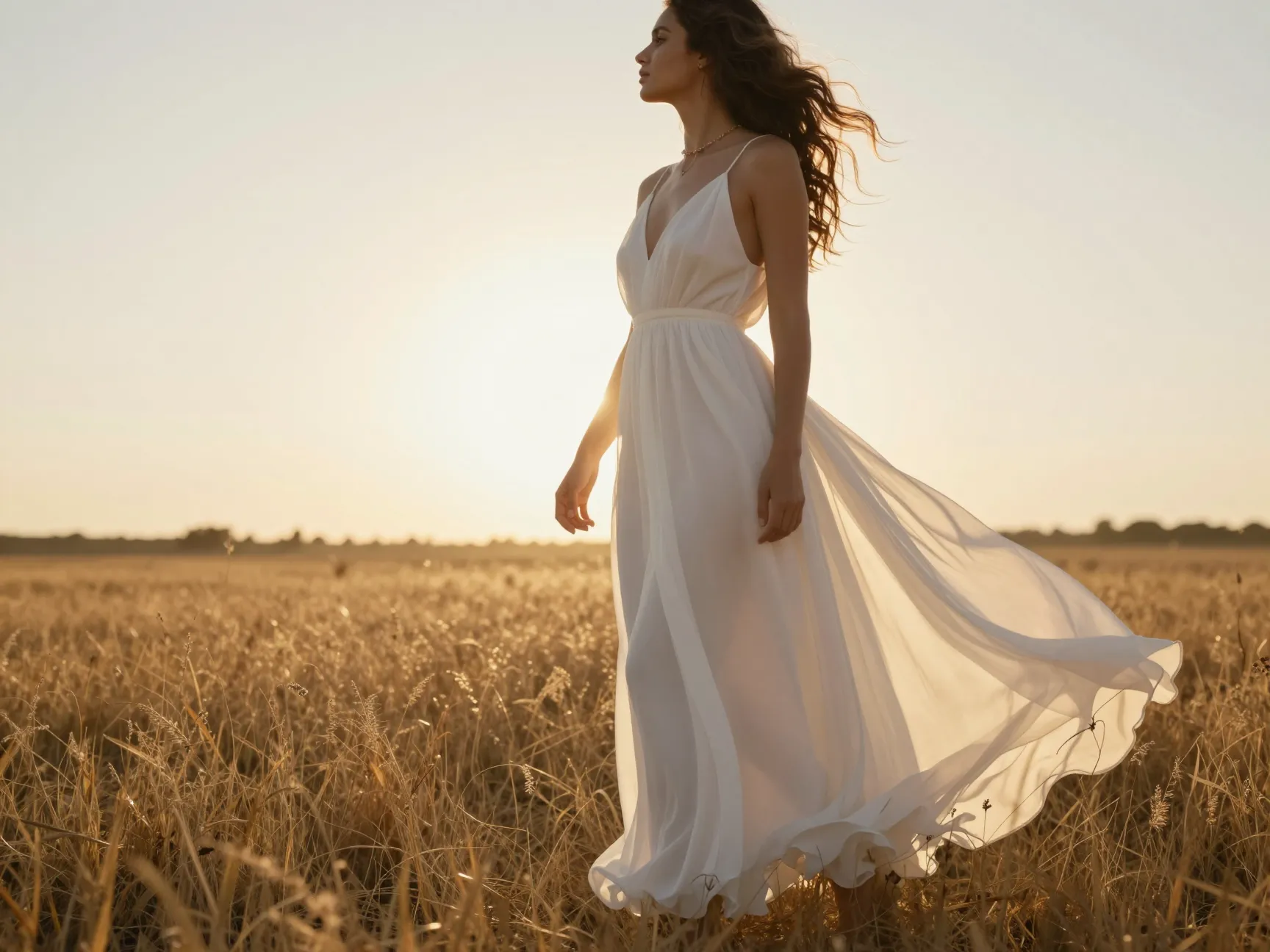 A woman in a flowing chiffon dress stands in a sunlit golden meadow