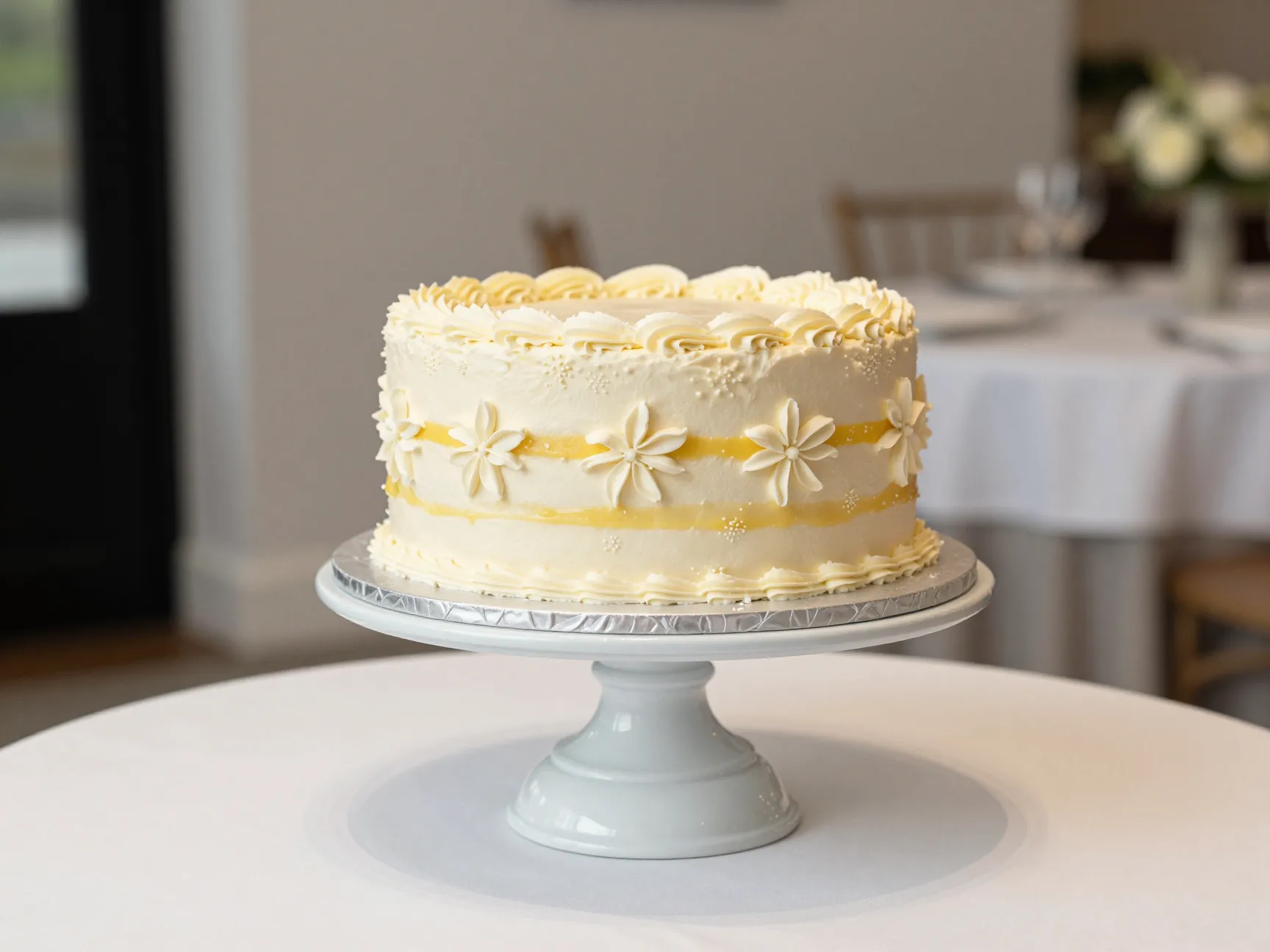 Large single tier lemon elderflower cake on pedestal in reception hall
