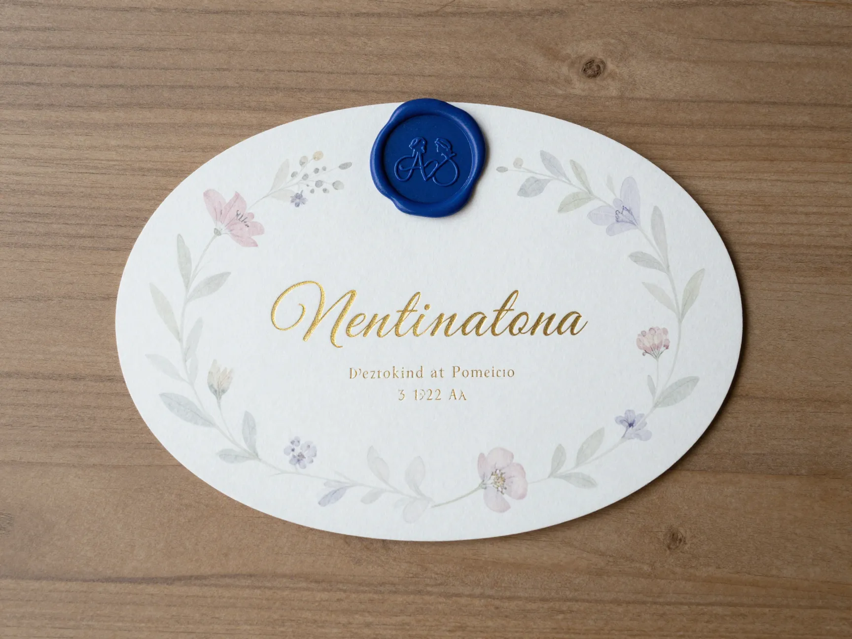 Oval invitation card with vellum overlay and wax seal on desk