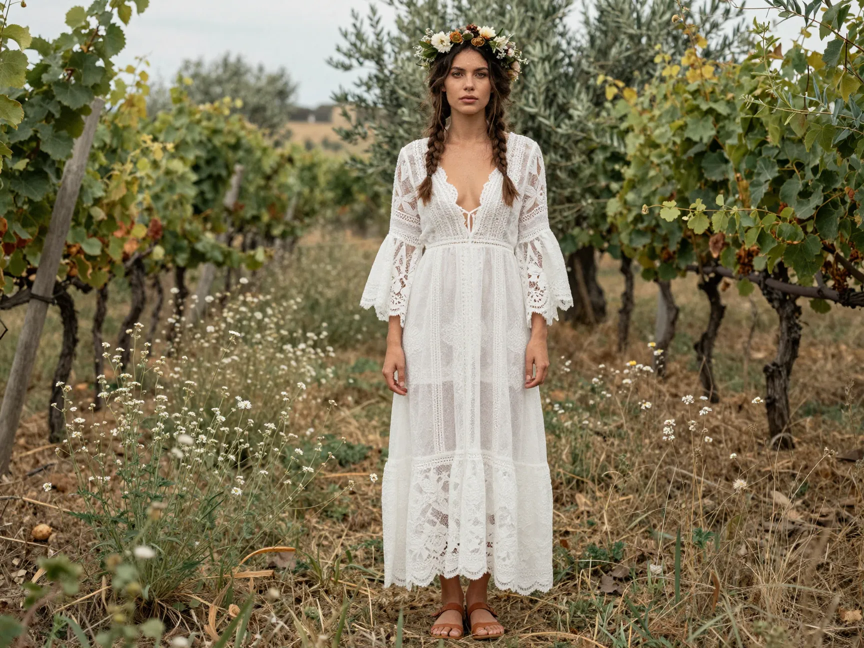 A woman in a delicate lace maxi dress stands barefoot in a rustic vineyard