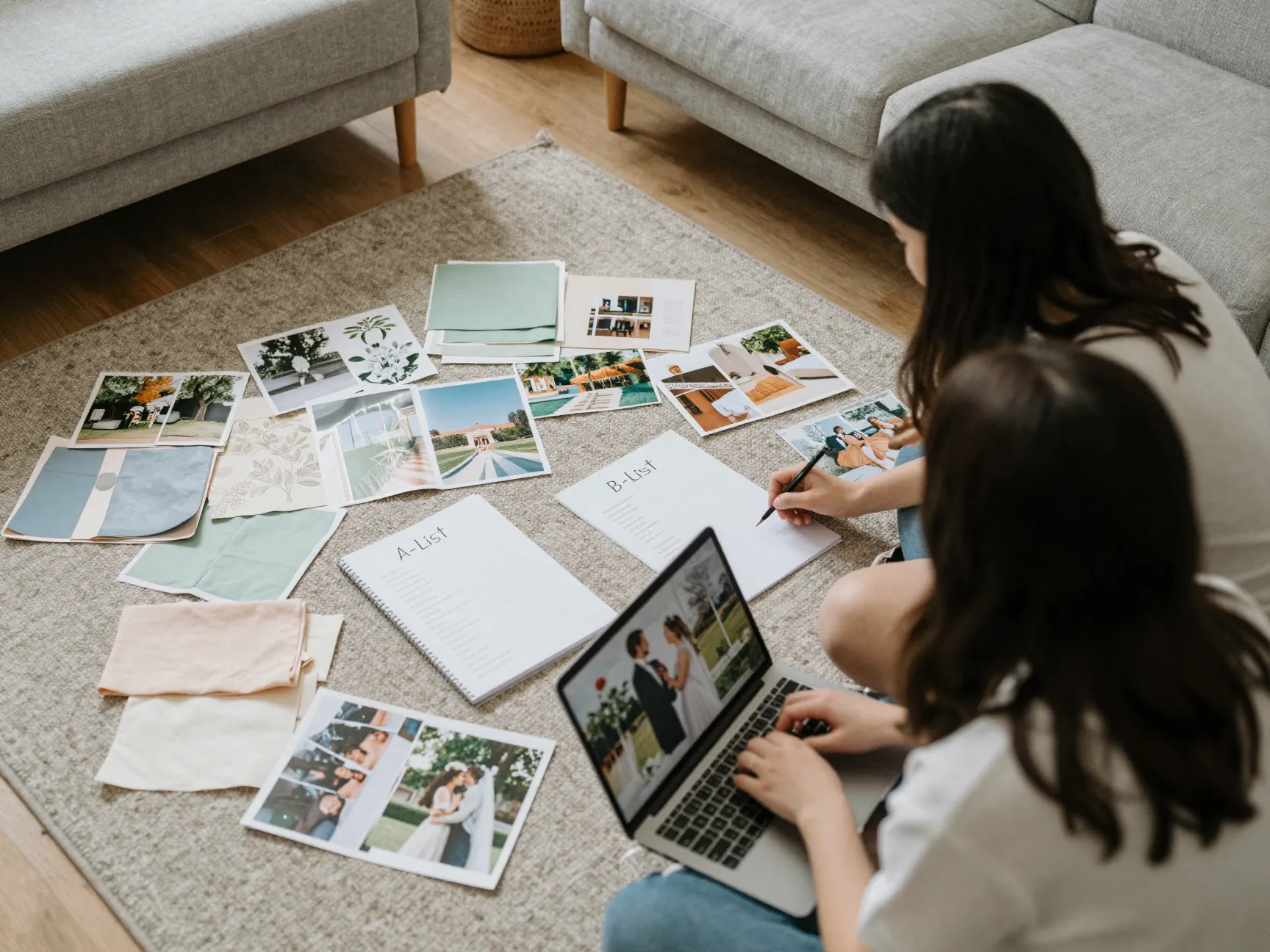 Couple discussing vision boards and guest list on living room floor