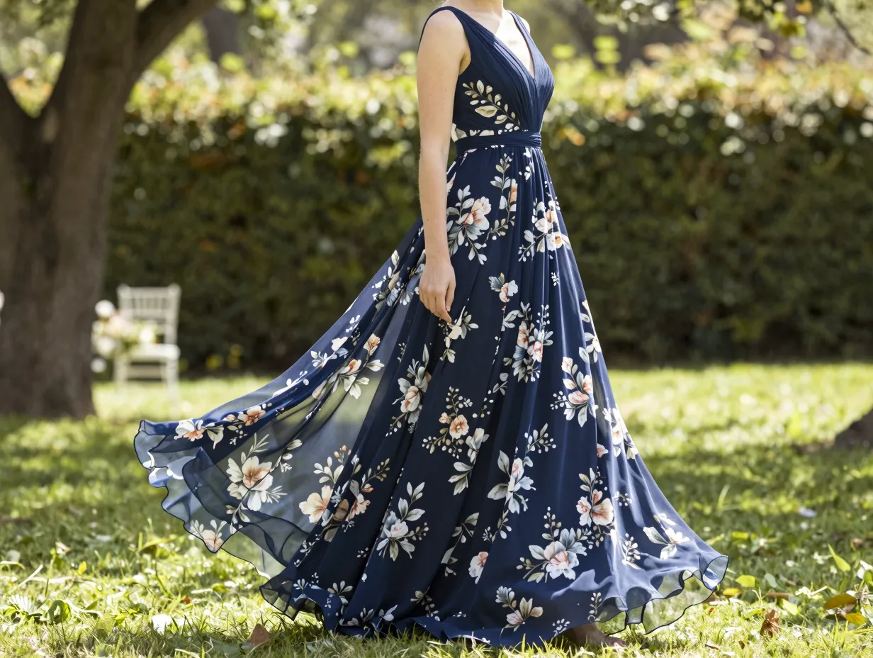 Floral chiffon a line gown at an outdoor summer wedding