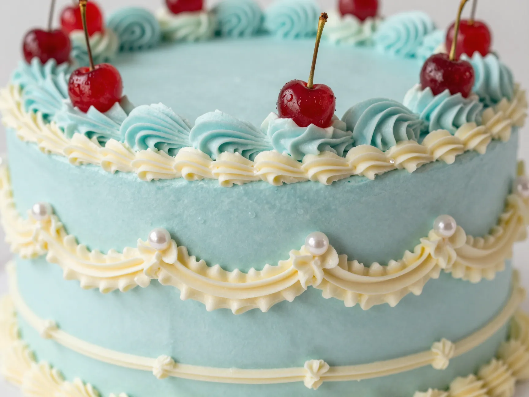 Ornate baby blue lambeth cake with cherries and gold accents