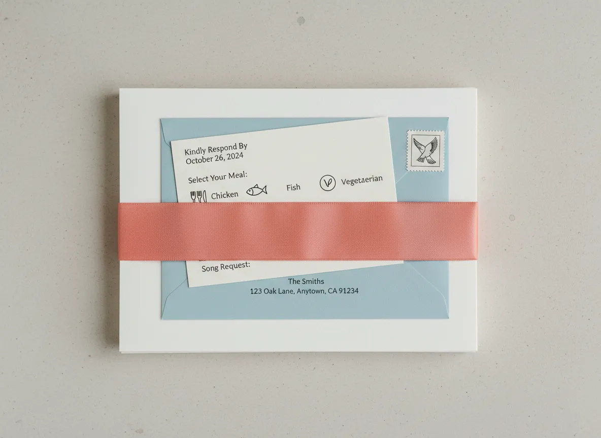 Rsvp card with meal icons and pre stamped envelope on stack