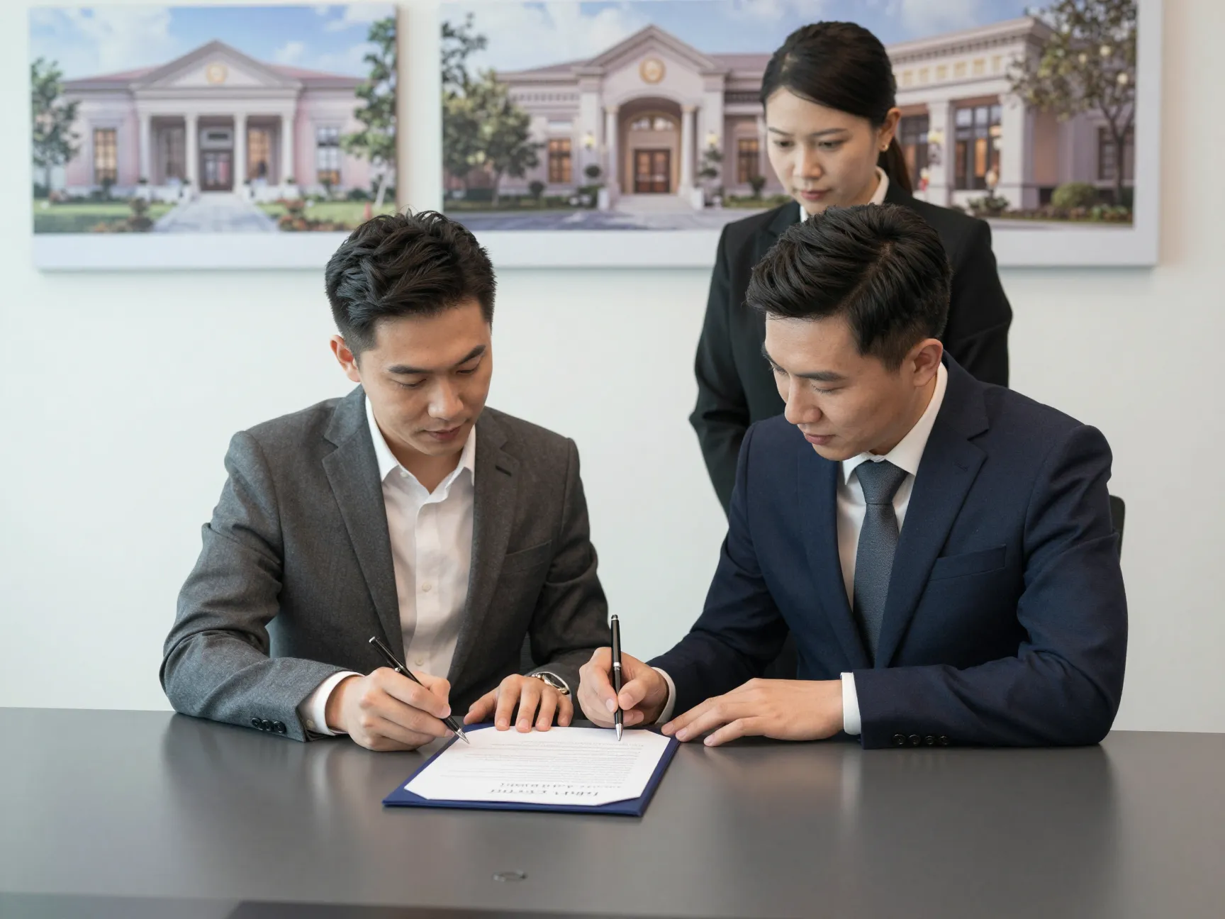 Elegant wedding venue contract signing with couple and manager