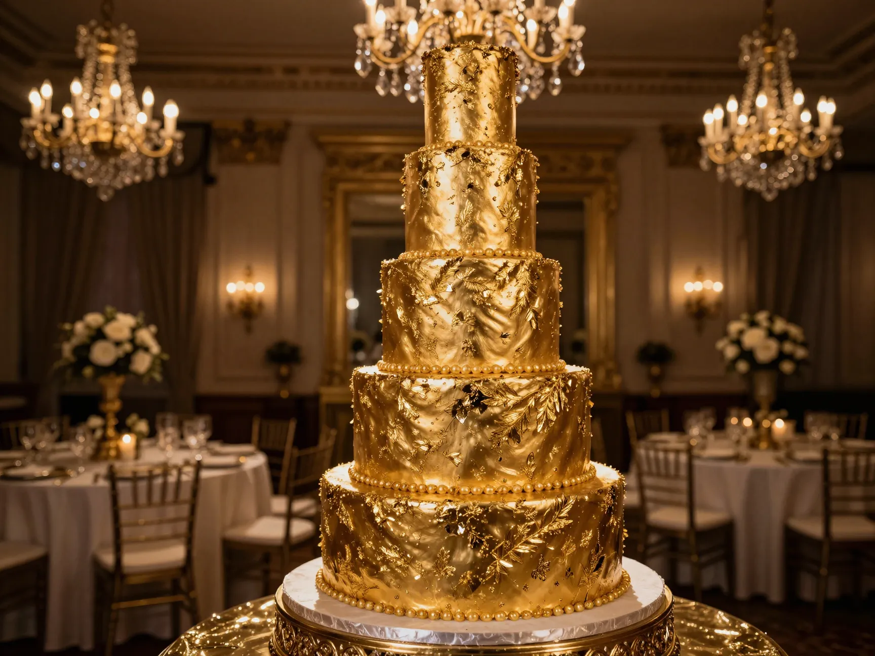 Glossy gold leaf wedding cake in opulent black tie reception