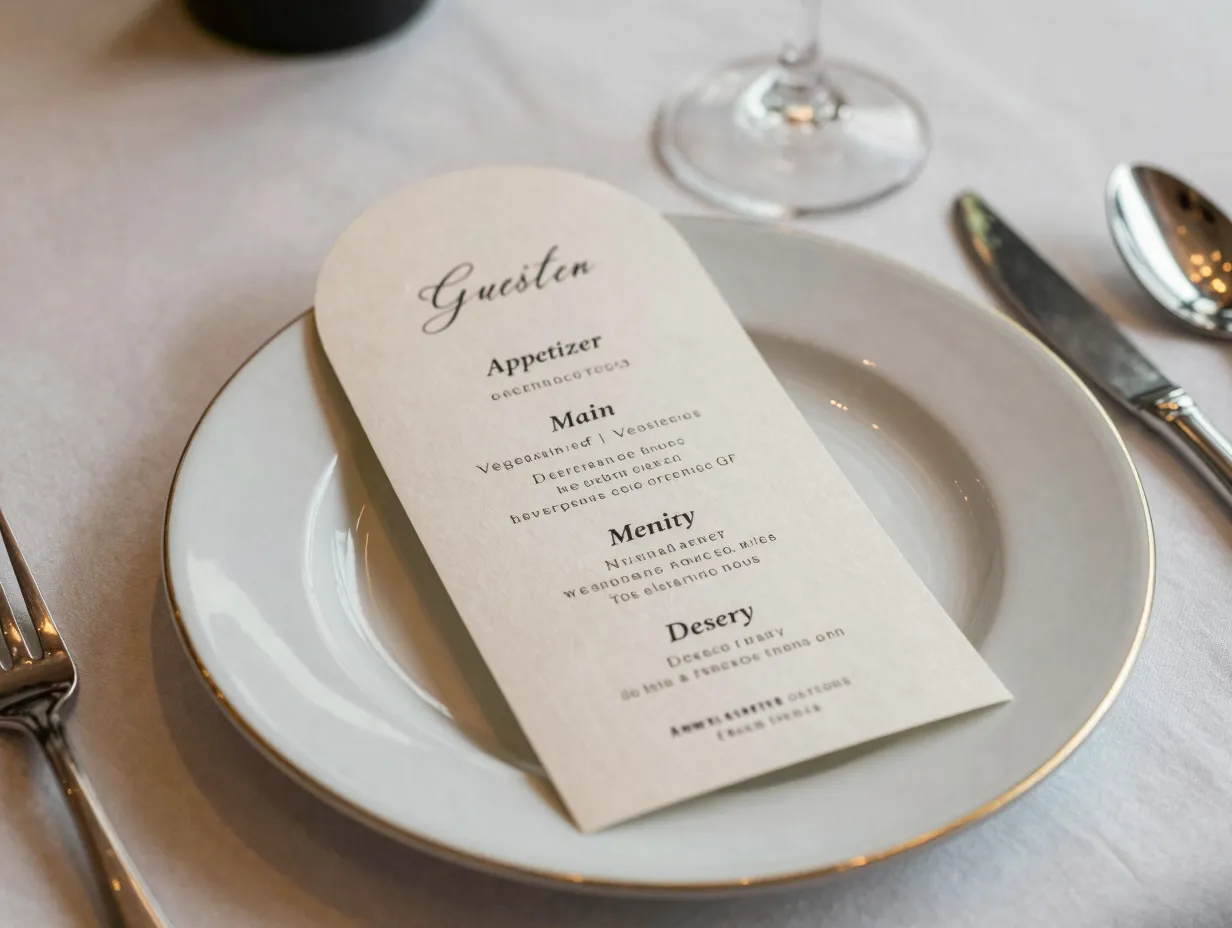 Arch shaped menu card with dietary labels at place setting