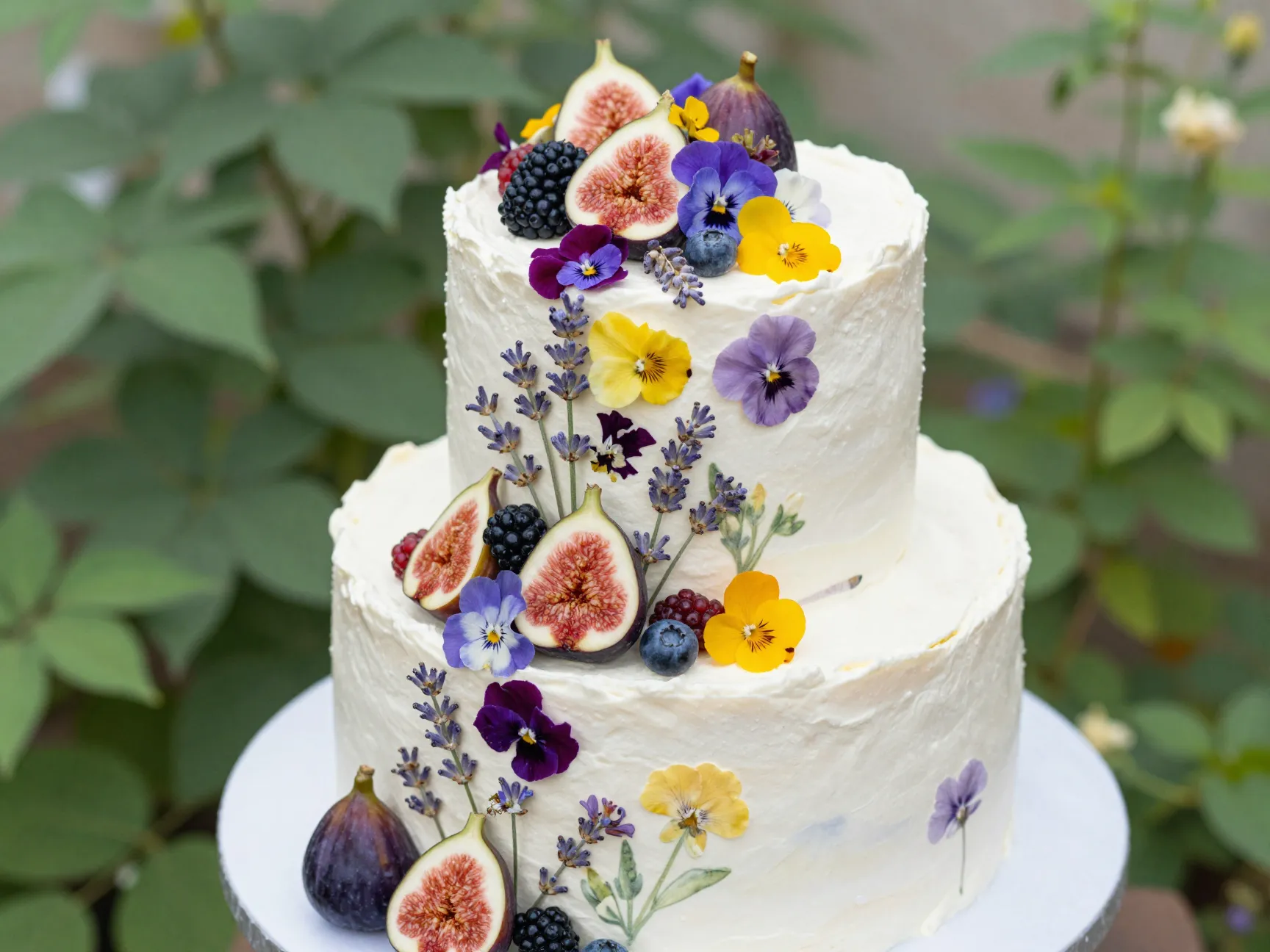 Botanical cake with fresh figs berries and edible flowers