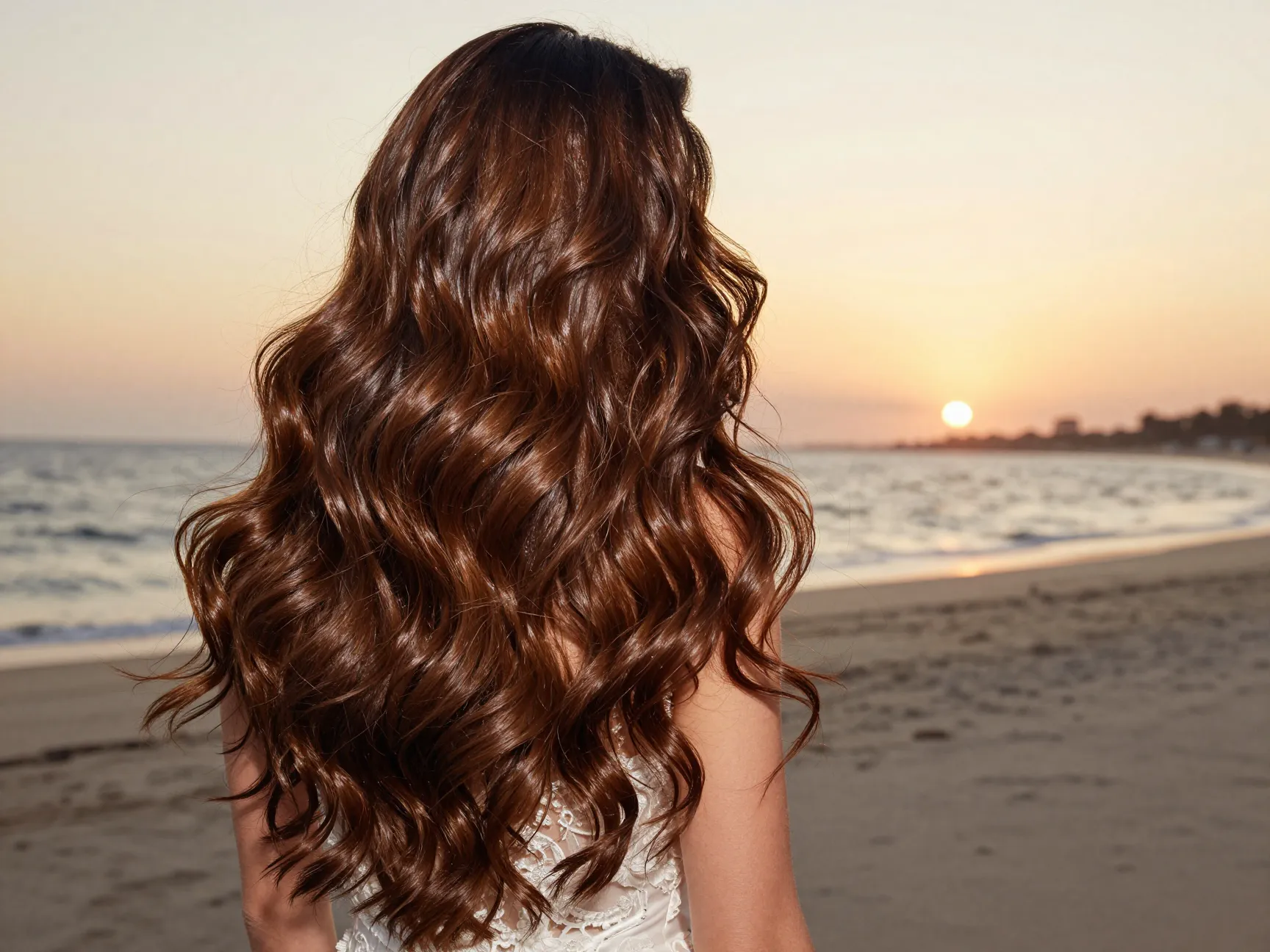 Glossy loose waves wedding hairstyle fluid movement destination beach