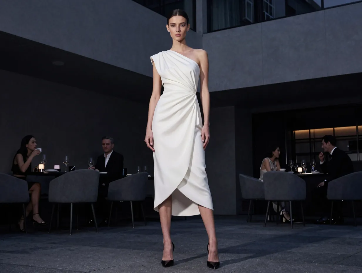 Modern asymmetrical draped midi dress in an urban cocktail venue