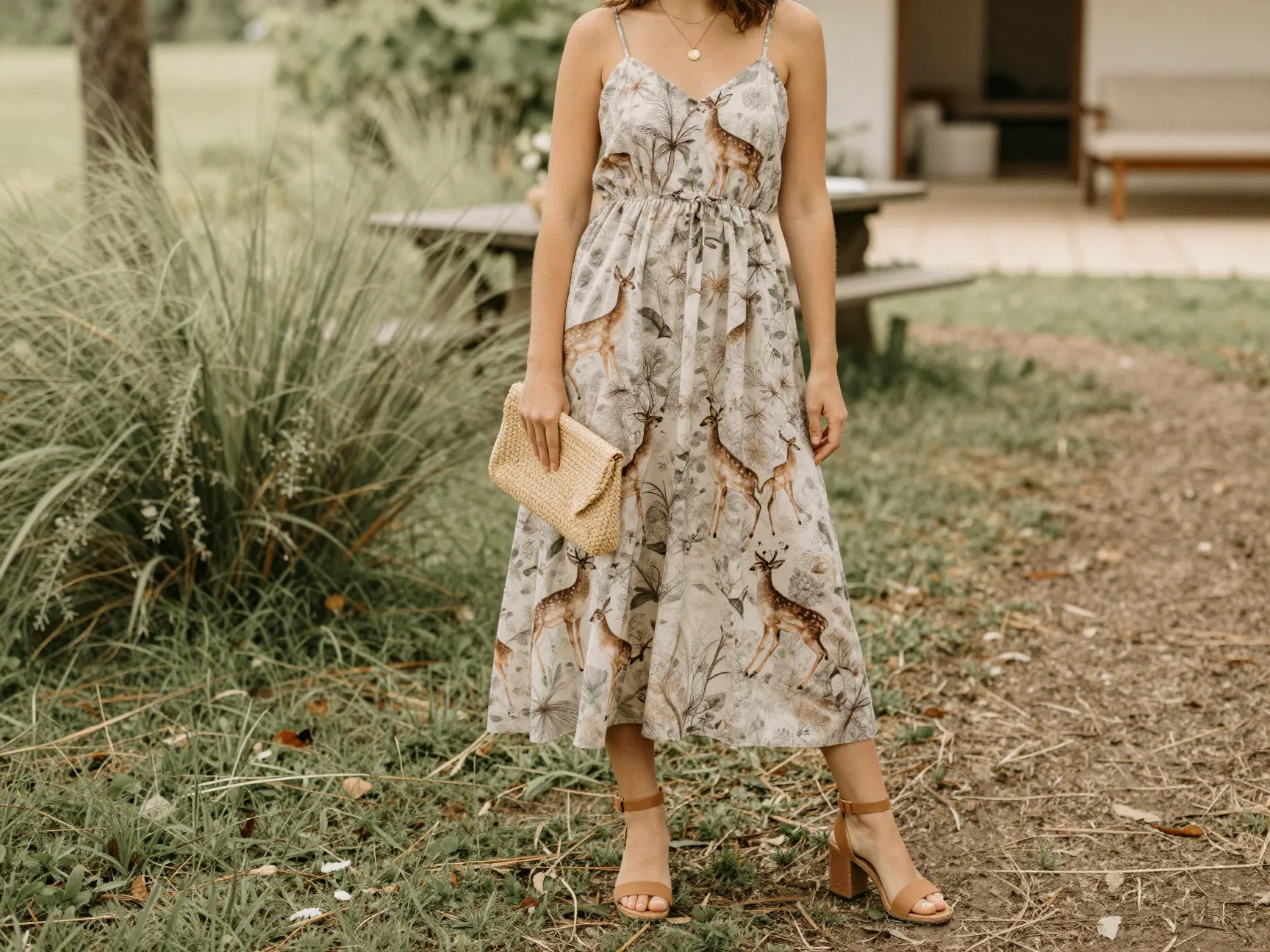 Fawn print sundress styled for a rustic outdoor daytime celebration