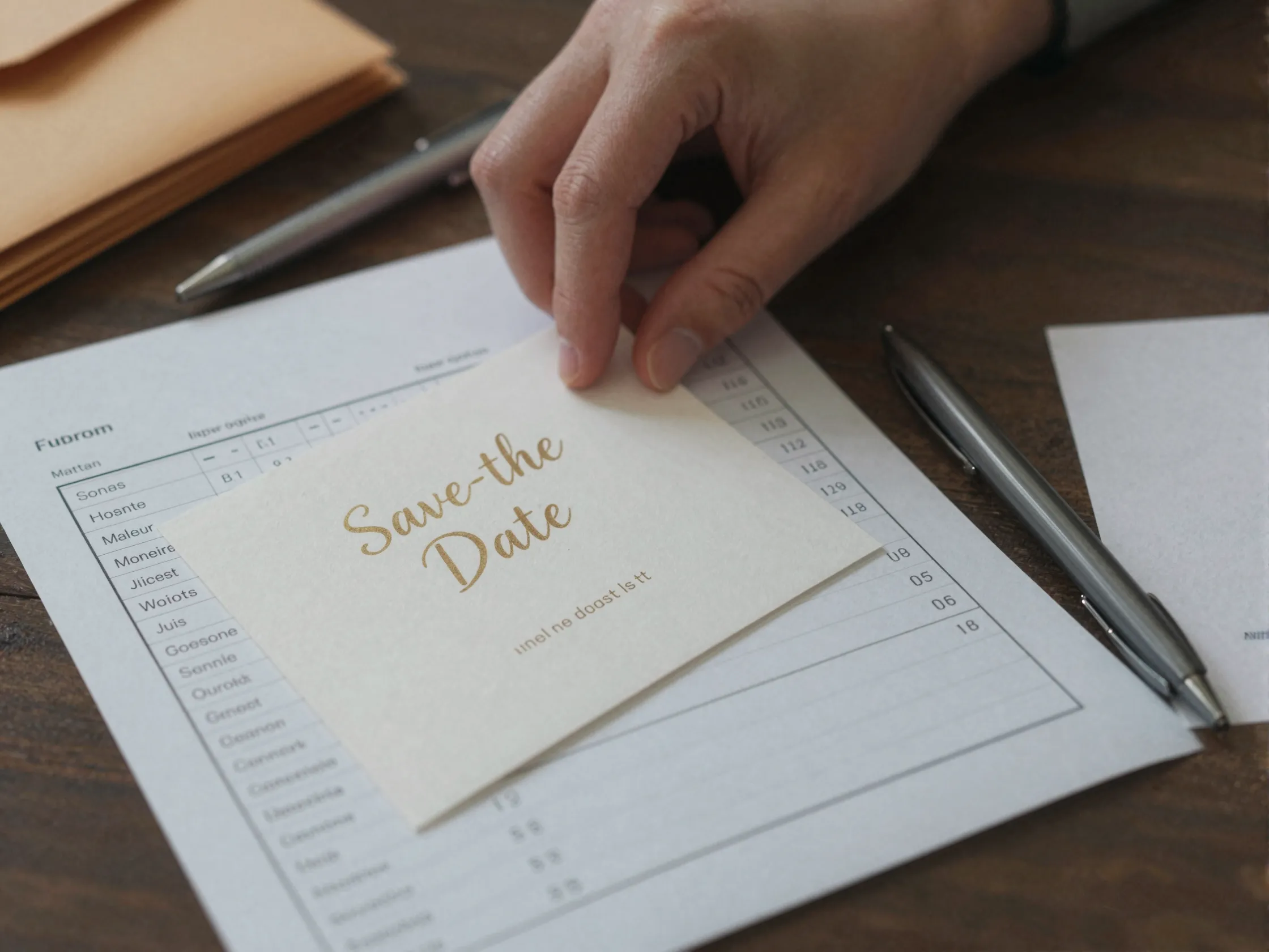 Hand placing a save the date card on filled guest list spreadsheet