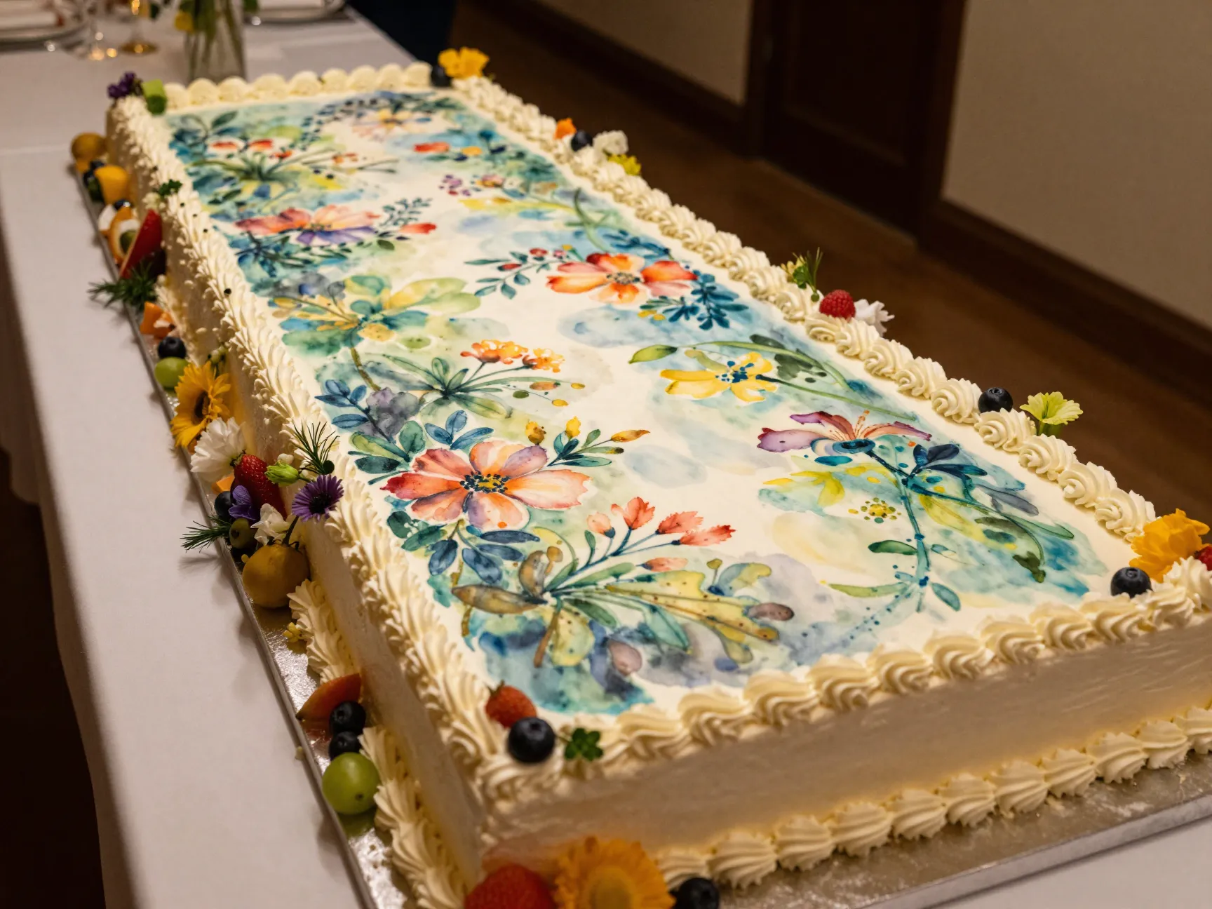 Long infinity sheet cake with hand painted floral scene