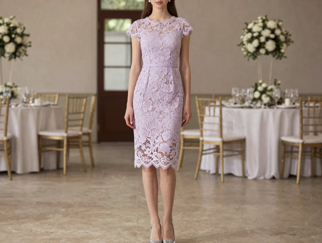 Soft lavender lace cocktail dress for a semi formal indoor wedding