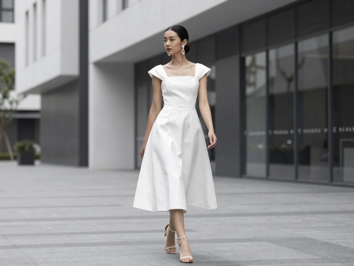 A woman in a structured white midi dress walks in an art district